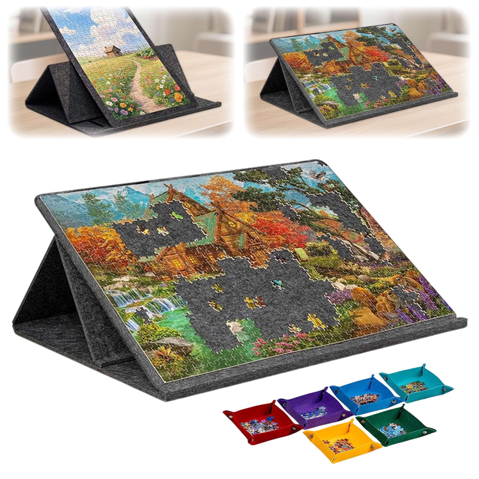 Składana deska do puzzli, 1000 elementów, ze stojakiem 2 w 1 i osłoną, uchylna deska z 6 sortownikami, stół do przechowywania, prezent dla dzieci i dorosłych, 80 x 60 cm