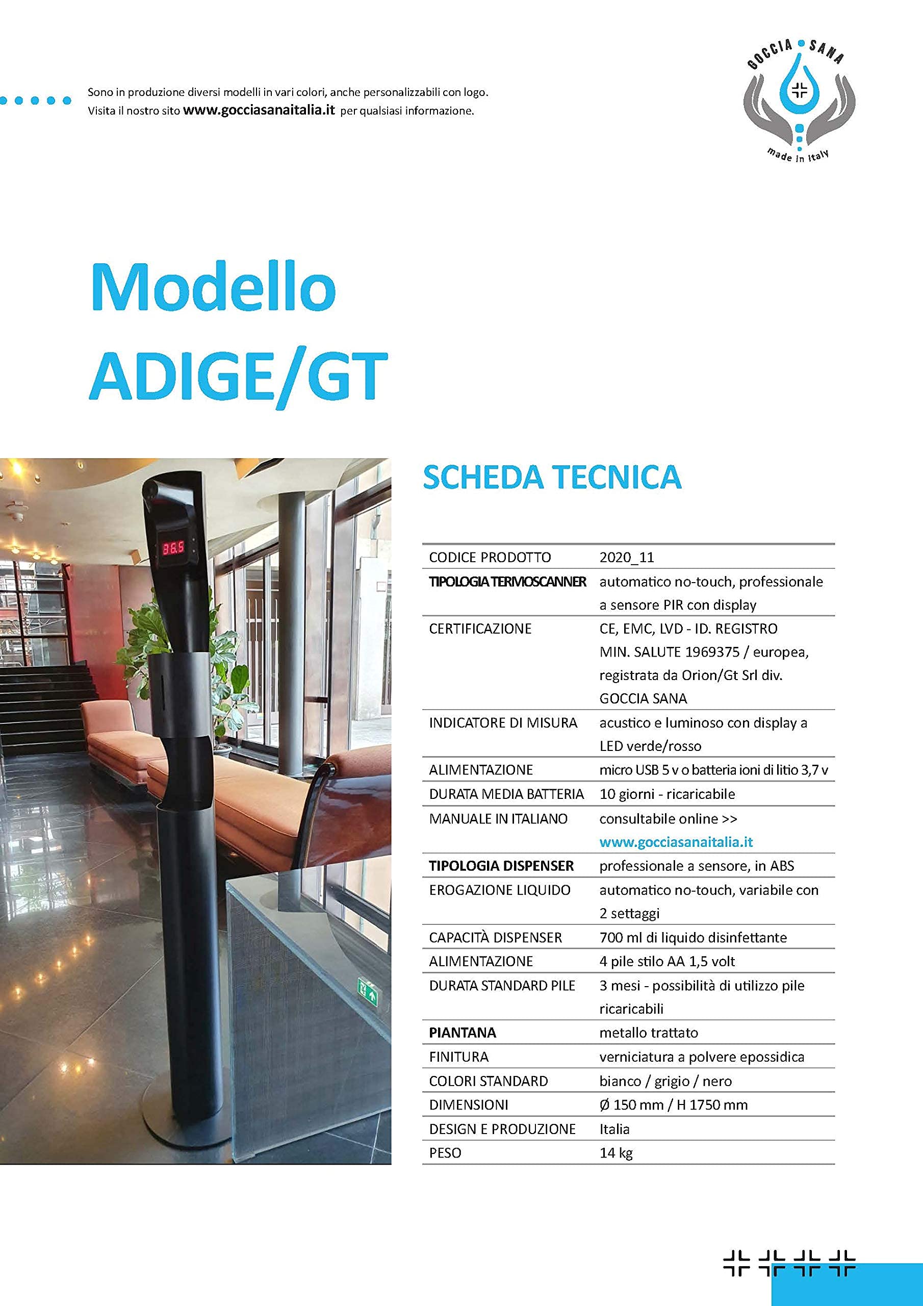 Termometro Digitale Elegante con Dispenser Automatico 160 cm | Colonna Adige/GT con Termoscanner e Dispenser Automatici certificati