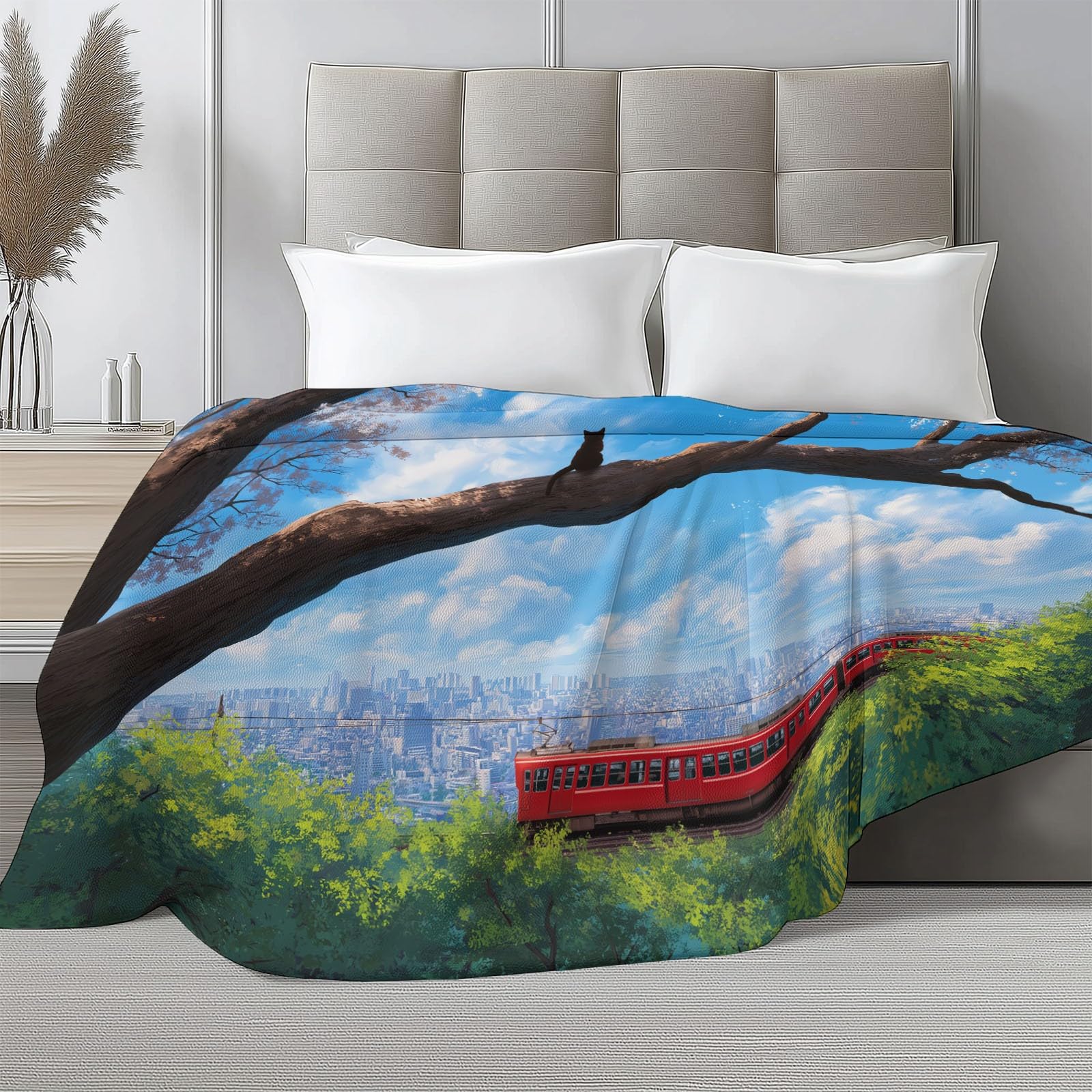 Puszysty koc flanelowy na sofę, łóżko, krzesło, miękki pejzaż miejski, kwiaty, pościel, 220 x 240 cm, dekoracyjny, ultramiękki koc dla dzieci, nastolatków, dorosłych, 220 x 240 cm