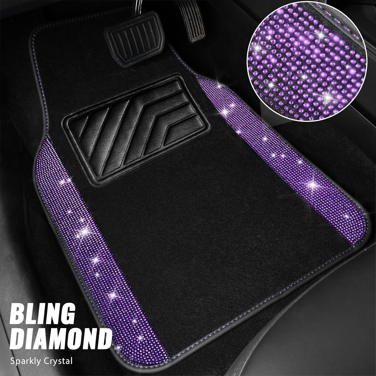 CAR PASS Bling Diamond Leather Steering Wheel Cover 14.5in-15in Floor Mats Shining Rhinestone Carpet Sparkly Glitter Crystal Anti-Slip Pad Fit Automotive SUV Pickup Truck Girl Women, 5pcs Black Purple - Image 2
