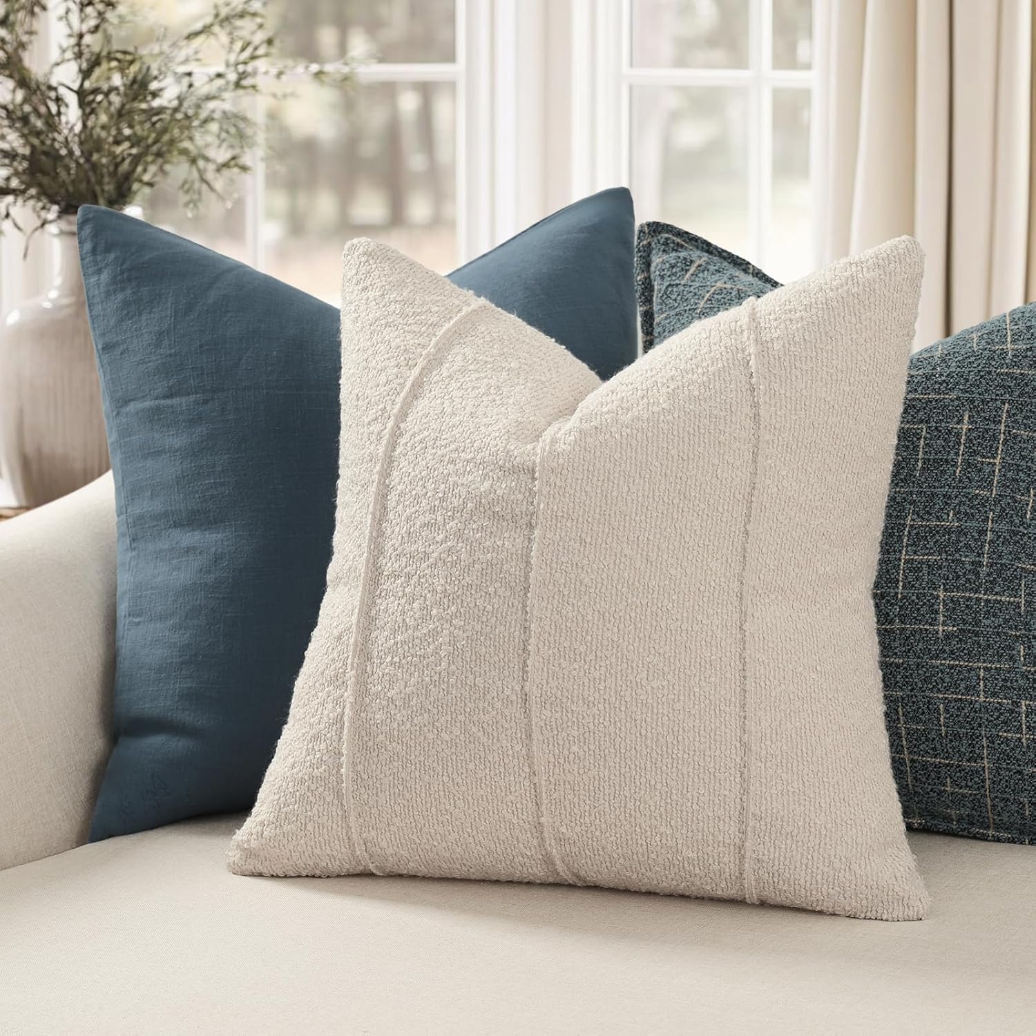 ycoll textured boucle throw pillow covers 18x18 pack of 2 - soft neutral striped cushion covers, cozy accent decorative pillow covers for couch, sofa, bed, living room (beige) beige 18" x 18" (pack of 2)