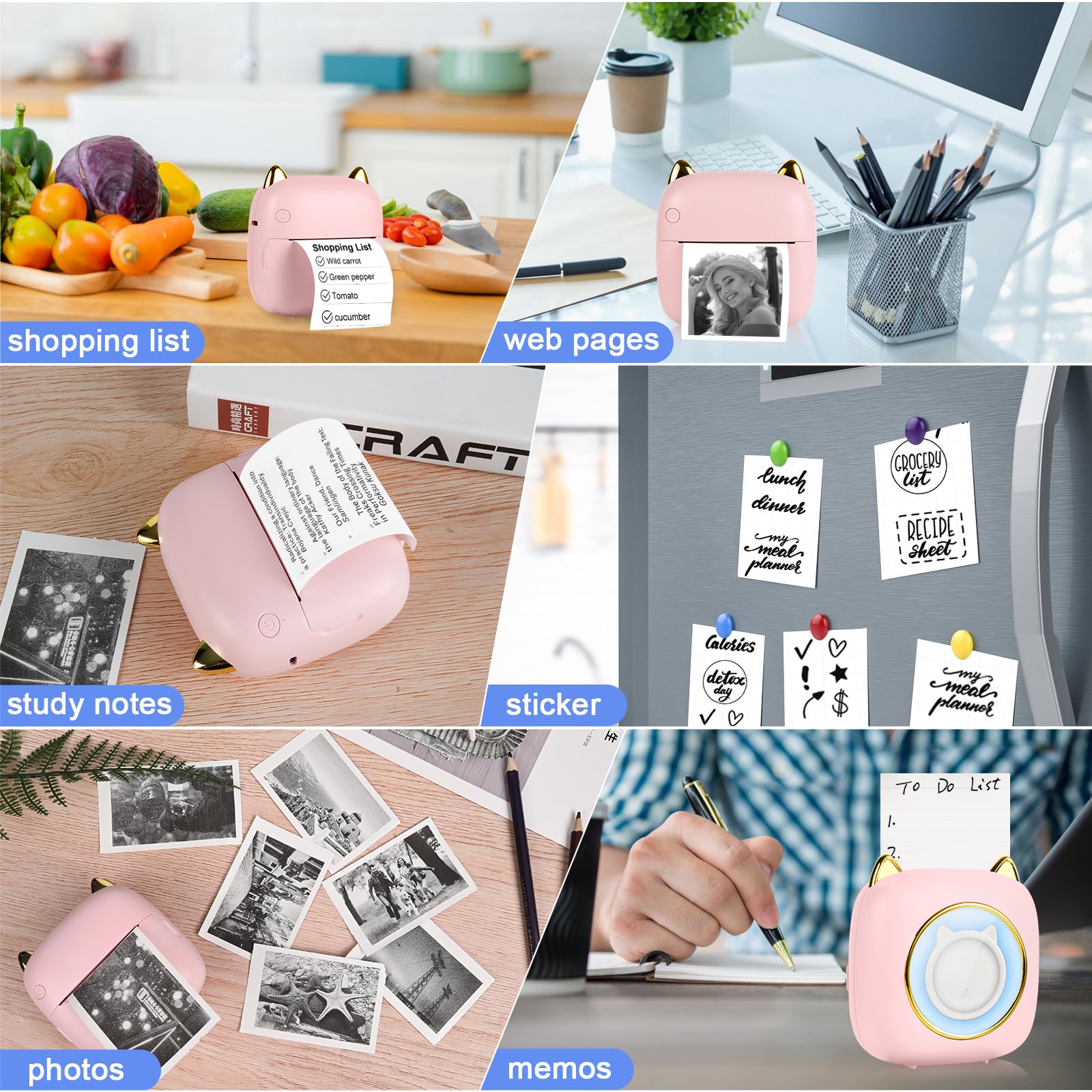 Mini Stampante Fotografica Termica Portatile Bluetooth con LED, Ricarica USB per Note e Diario