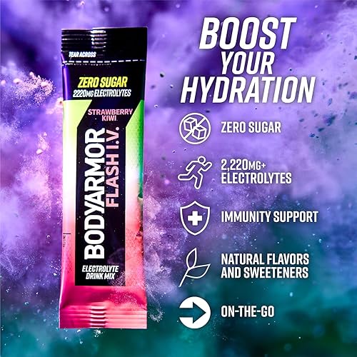 Miniatura 2 de BODYARMOR Flash IV - Paquetes de electrolitos, fresa y kiwi, mezcla de bebida sin azúcar, paquetes de una sola porción, agua de coco en polvo,
