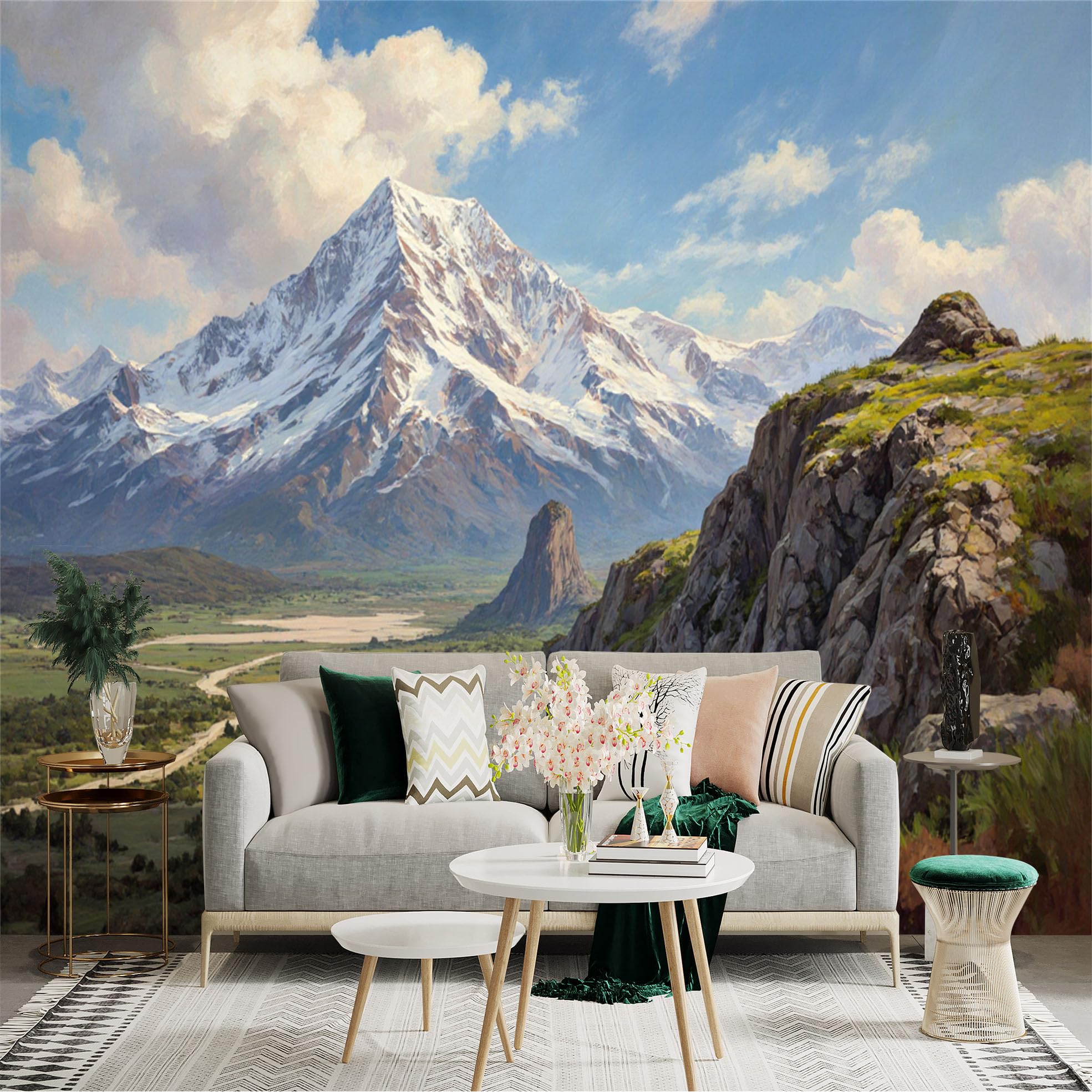 Lnzczhyre Xc260505168 Custom Size Wall Sticker Mural， Snow Capped Majestic Mountain Peak， Rocky Cliff Valley Landscape， Serene Nature Scenery， For Wall Decoration， Peelandstick Wall Decals.
