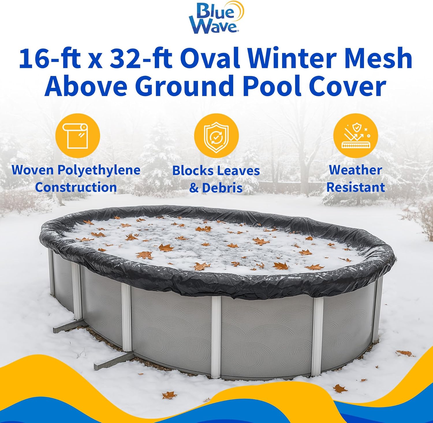 Blue Wave Rugged Mesh 8-Year 16 ft x 32 ft Oval Above Ground Pool Cover for Winter – Fine Mesh Debris Barrier – 4 ft Overlap, Reinforced Grommets, Vinyl-Coated Cable, Metal Winch – Black - BWC632
