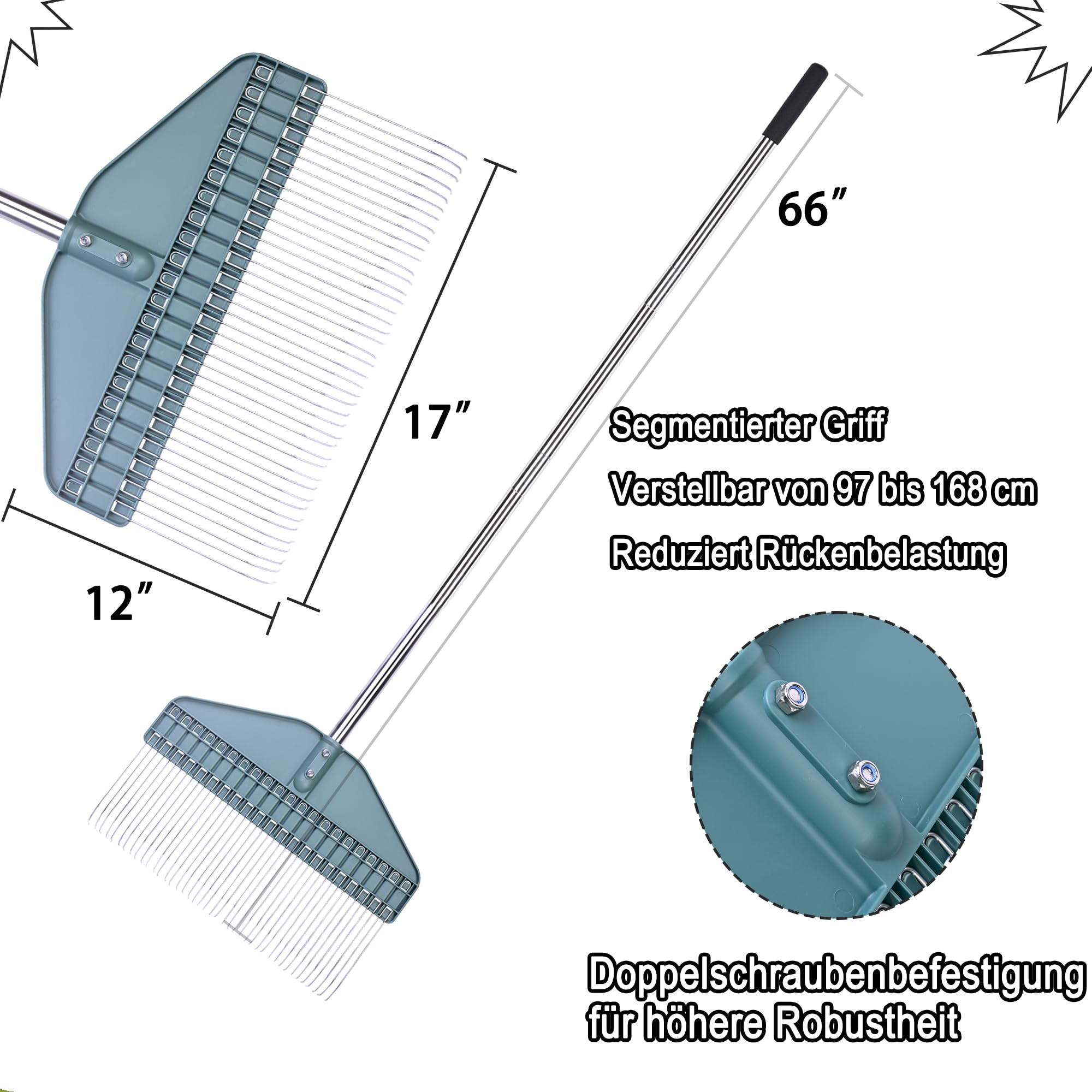 YEELOR Rasenrechen mit 66 Zoll verstellbarem Stiel, 17 Zoll breiter langlebiger Rasenrechen, ideal für Garten, Hof und Rasen, zum Entfernen von Stroh, Kiefernnadeln, Kletten und Eicheln