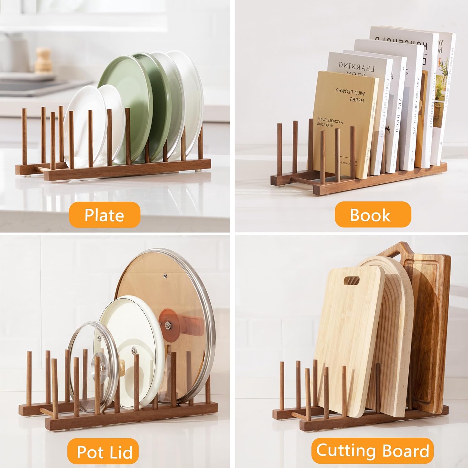 HBlife 4pcs Acacia Wooden Dish Dying Rack Pot Lid Plate Organizer Holder for Cabinet, Cutting Board Stand Drainer Storage Plate Rack for Dish, Pot Lid, Bowl, Cup, Cutting Board and Books
