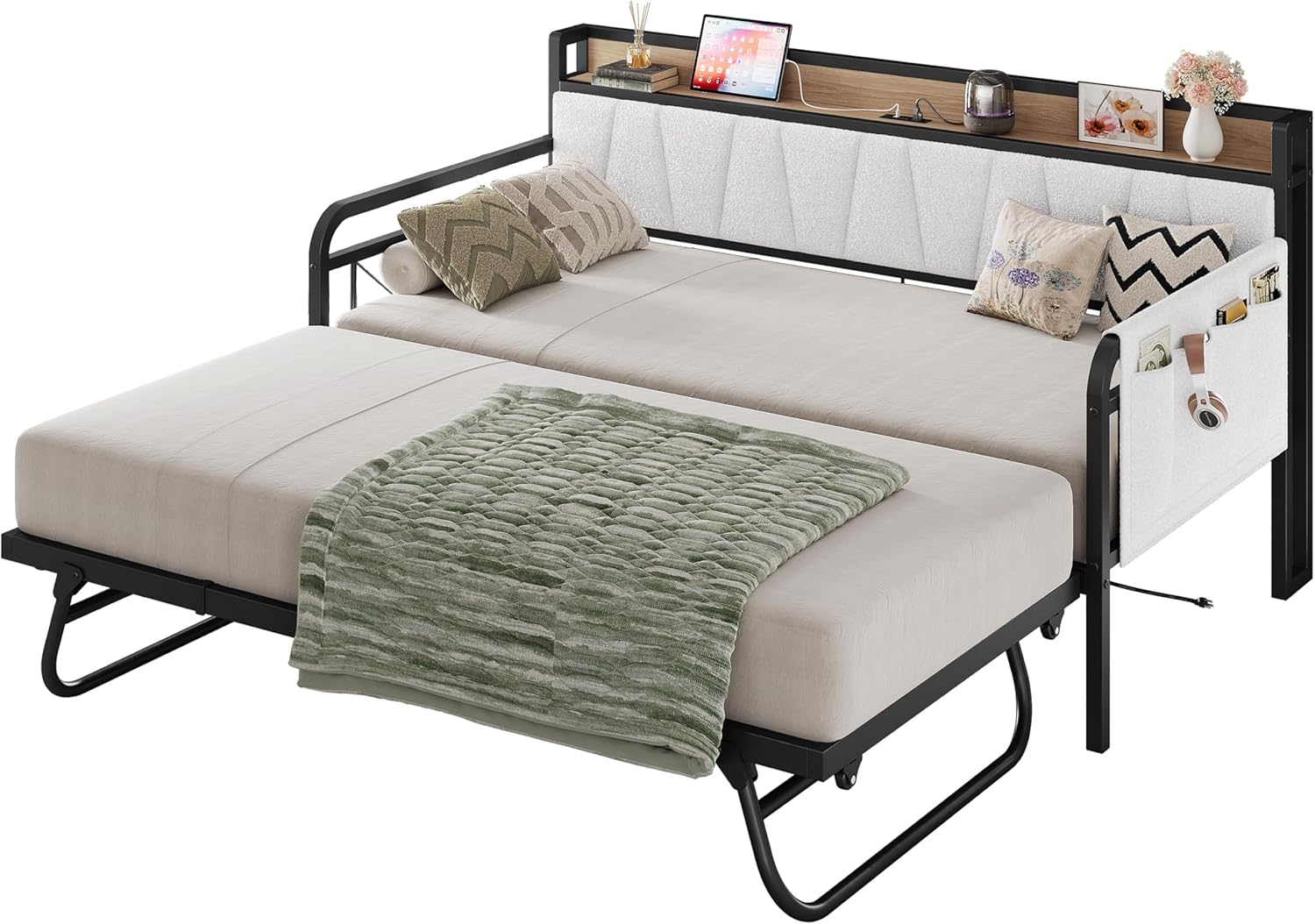 LIKIMIO Daybed with Trundle Bed, Twin Bed Frame with Storage Headboard and Charging Station, Sofa Day Bed with Strong Supports for Living Room, Bedroom, and Guest Room, Cream