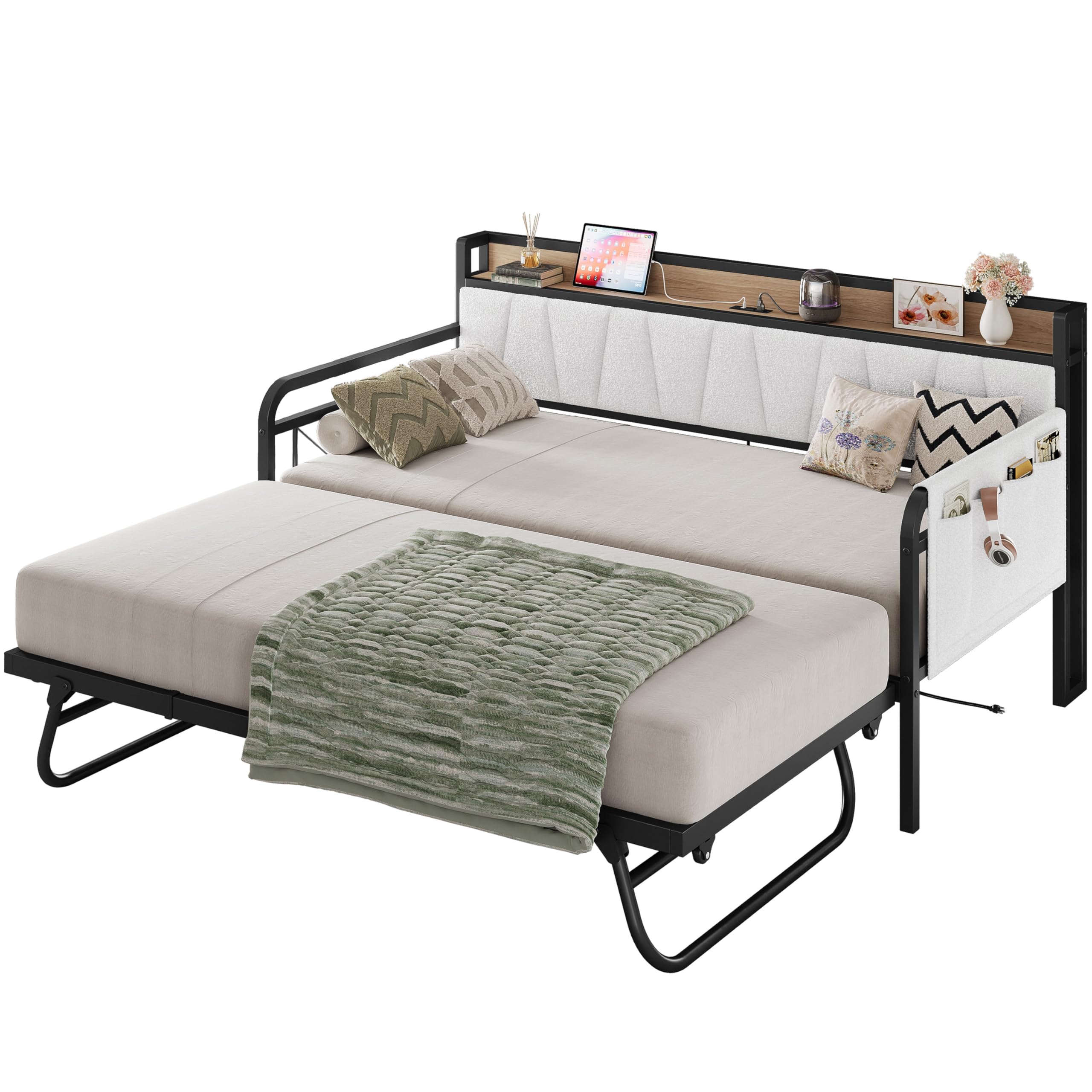 LIKIMIO Daybed with Trundle Bed, Twin Bed Frame with Storage Headboard and Charging Station, Sofa Day Bed with Strong Supports for Living Room,