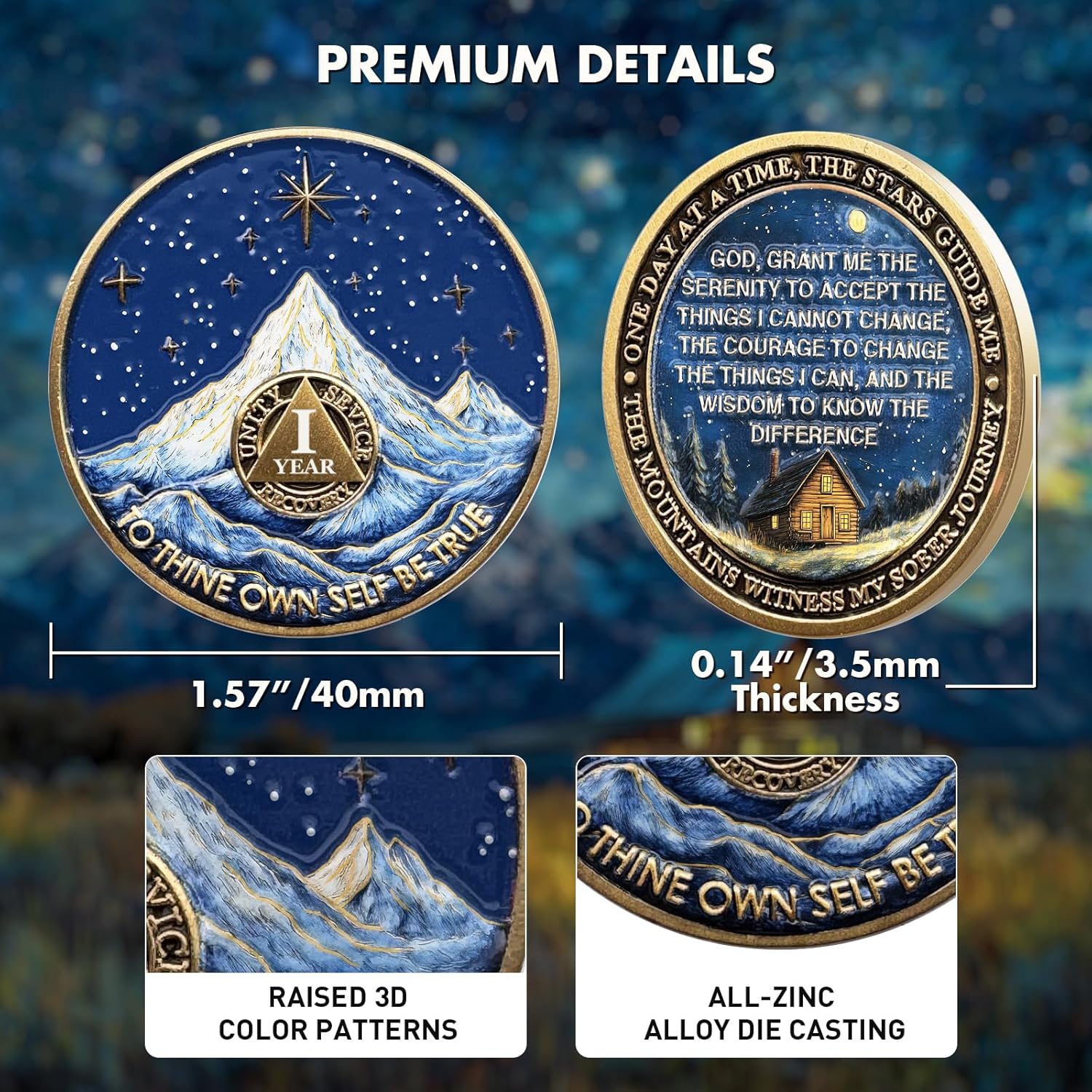 Snowy Mountain Warm Cabin 1 Year Sobriety Coin - Cozy Loving Family AA NA Recovery Chips & Medallions - 1-10 Years Sober Coins - Alcoholics Narcotics Anonymous Gifts for Men Women - Image 3