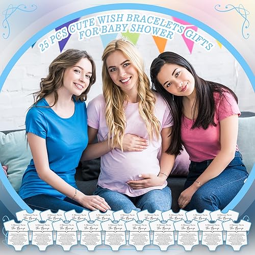 Miniatura 6 de Henoyso Juego de 25 pulseras ajustables para baby shower, tarjetas de corazón, regalo de fiesta para baby shower, regalos de revelación de género