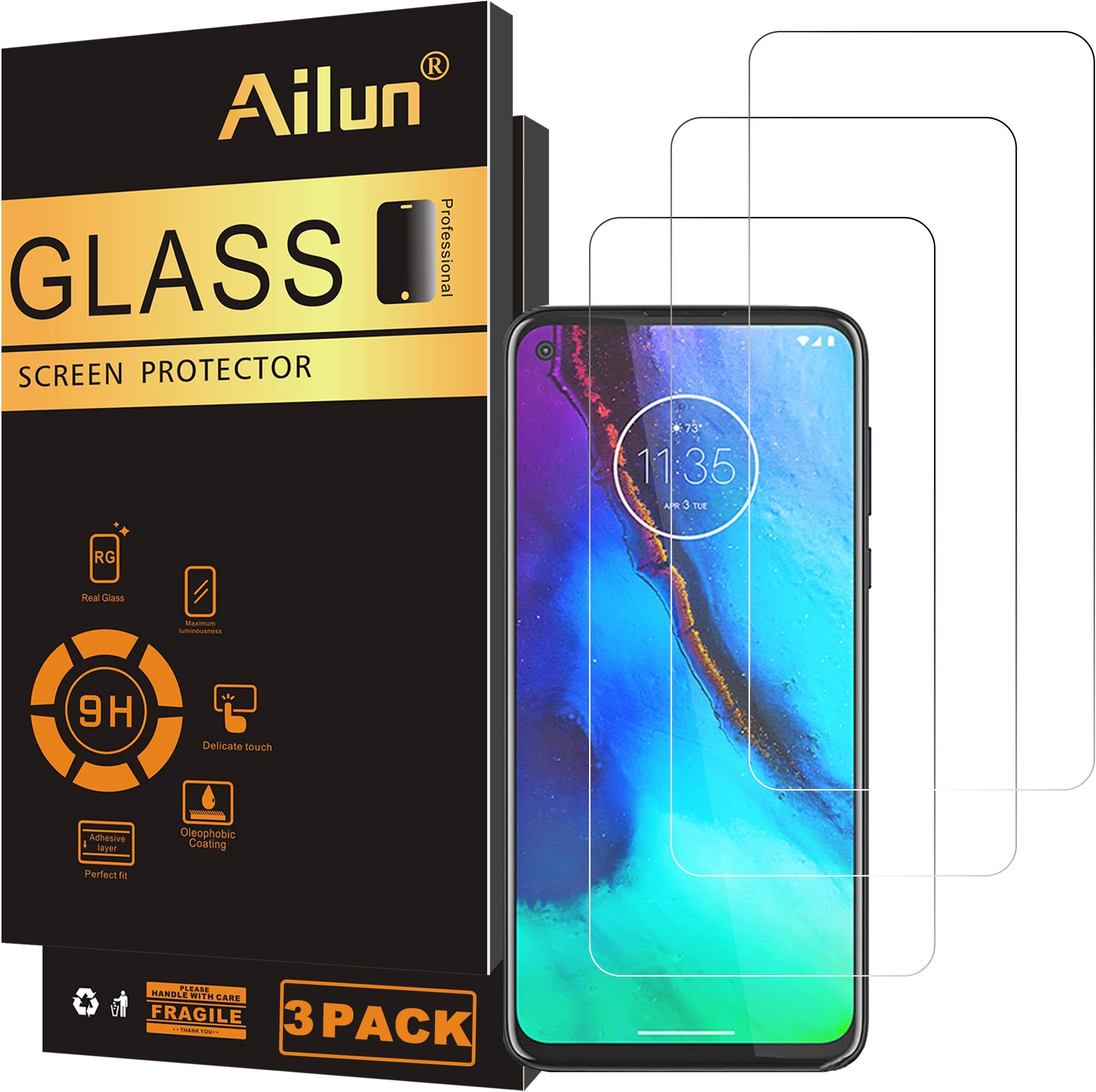 Ailun Screen Protector for Moto G stylus & Moto G Power & G8 Power 2020 release,6.4 inch display,3 Pack Tempered Glass 9H Hardness Ultra Clear Bubble Free Anti-Scratch Fingerprint Oil Stain Coating Case Friendly