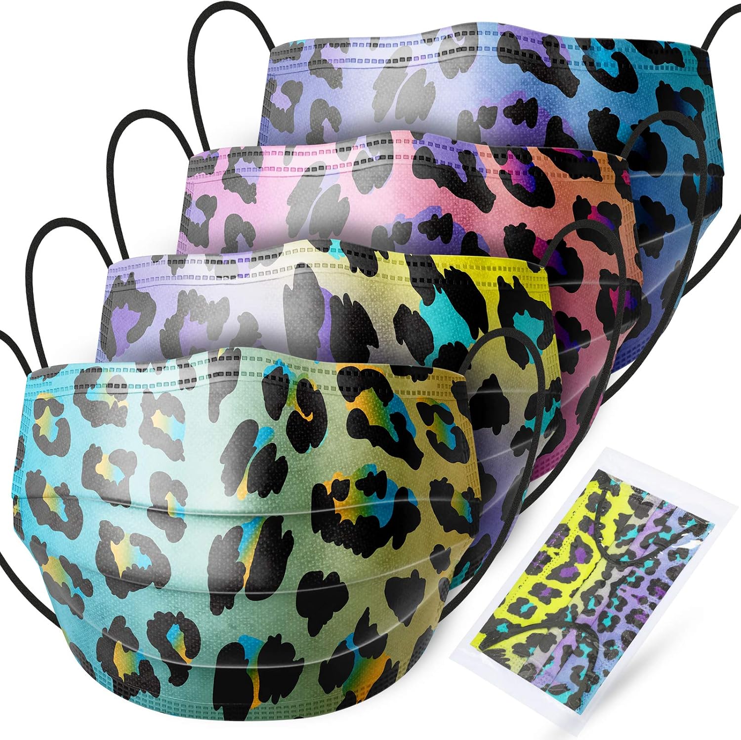 Kids' 60-Pack Individually Packaged Disposable Face Masks Leopard Gradient Pattern Ear Loop Hidden Nose Metal Strip Rainbow