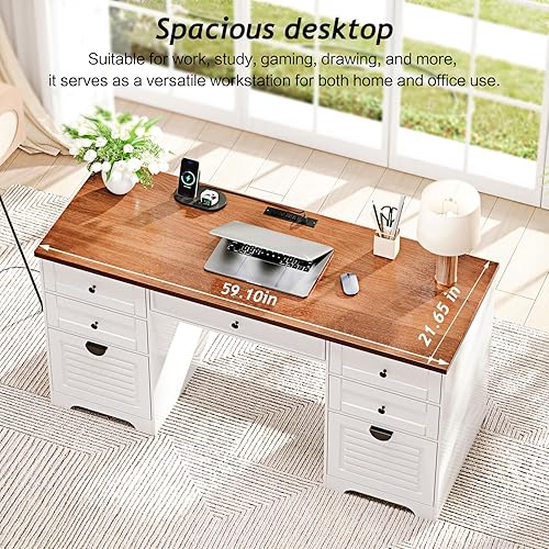 Miniatura 4 de Escritorios de oficina en casa de 59 pulgadas, escritorio ejecutivo, escritorio para computadora de granja con 7 cajones y estación de carga, cajón