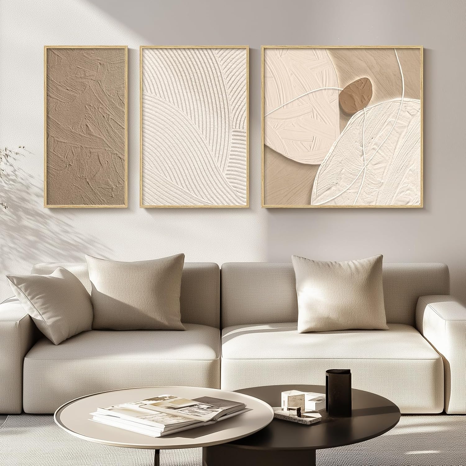 Framed Neutral Abstract Wall Art for Living Room, 3 Piece Boho Brown Cream Canvas Prints Artwork for Walls, Modern Minimalist Paintings Wall Decor for Kitchen, Bedroom, Home Office - Total 24" x 52"