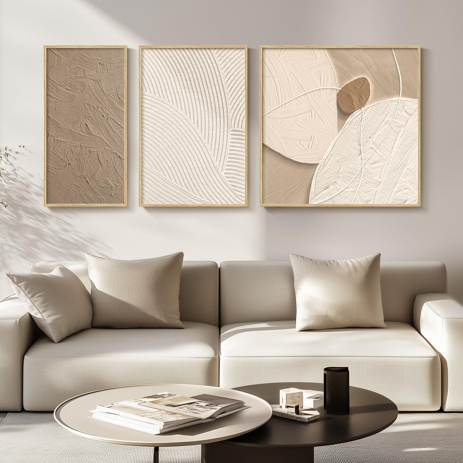 Framed Neutral Abstract Wall Art for Living Room, Modern Brown Cream Large Artwork, 3 Piece Minimalist Beige Canvas Wall Art for Dining Room Bedroom Wall Art Neutral - Total 24" x 52"