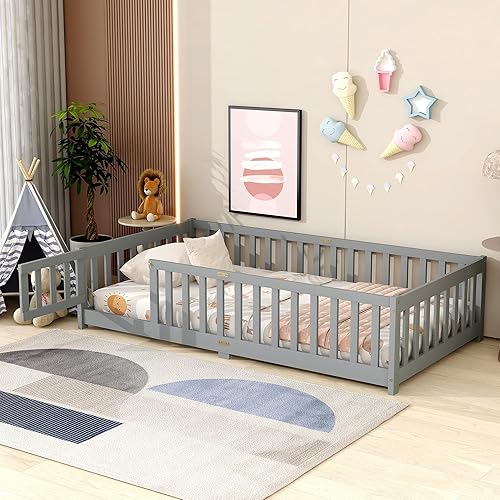 Miniatura 18 de Harper & Bright Designs Cama de suelo tamaño Queen con valla y puerta, marco de cama Montessori de madera para niños, niñas, listones incluidos, no
