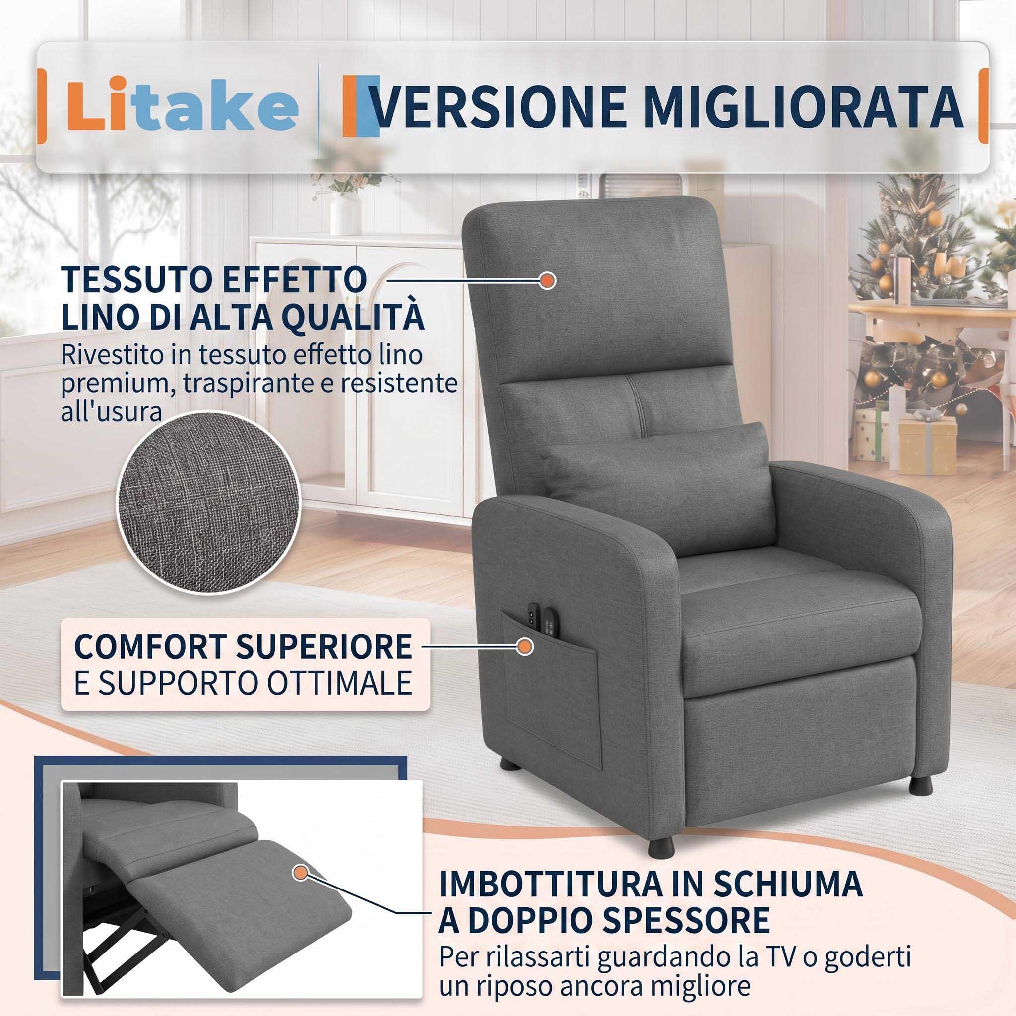 Litake Poltrona Relax Elettrica Reclinabile con Massaggio e Riscaldamento - Schienale e Poggiapiedi Regolabili - Imbottitura Spessa in Tessuto - Ideale per Soggiorno, Camera da Letto o Ufficio -