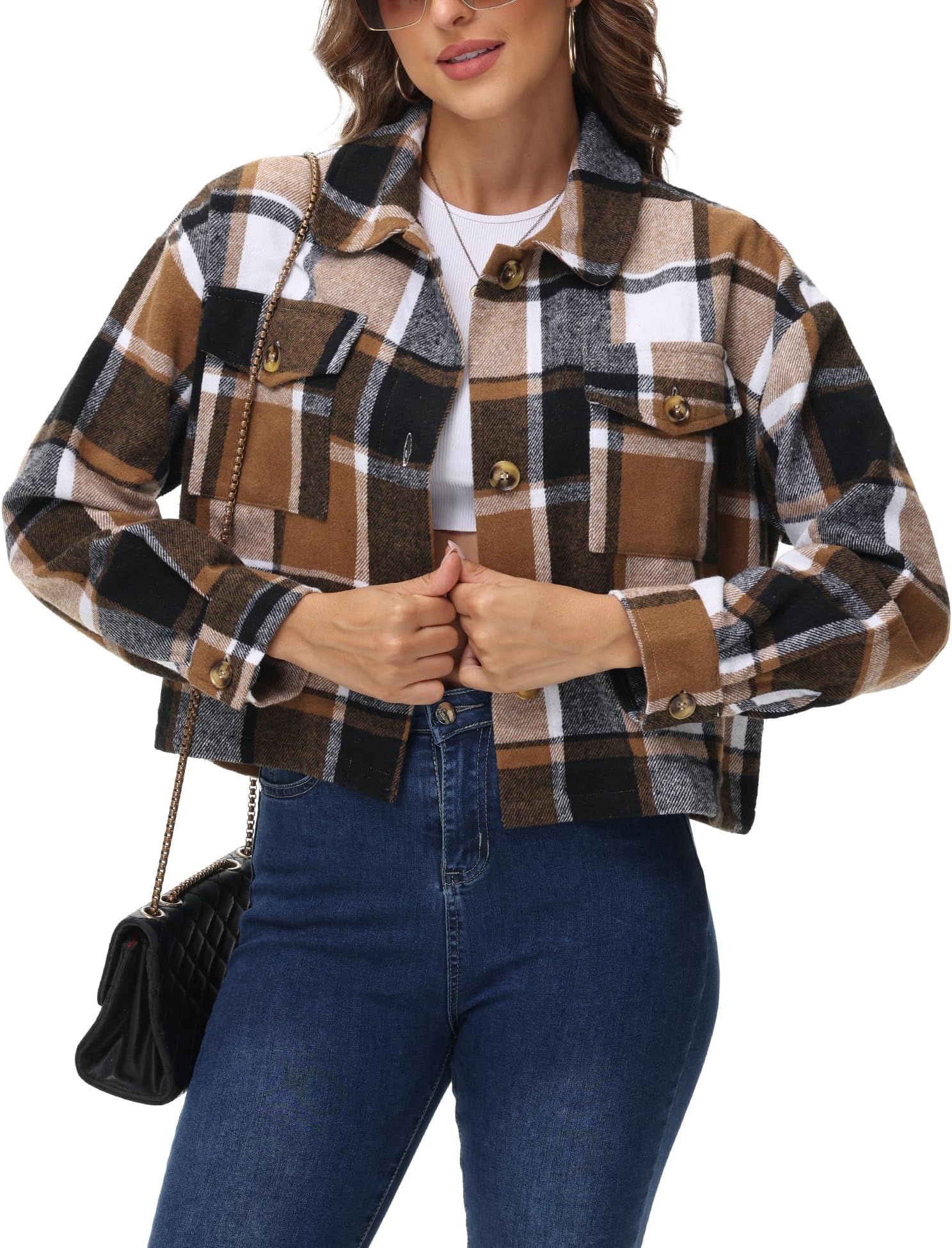 URBESTWomen's Oversized Plaid Shacket - Cozy Long Sleeve Button Down Jacket with Pockets, Knee Length/Plus Size/Cropped