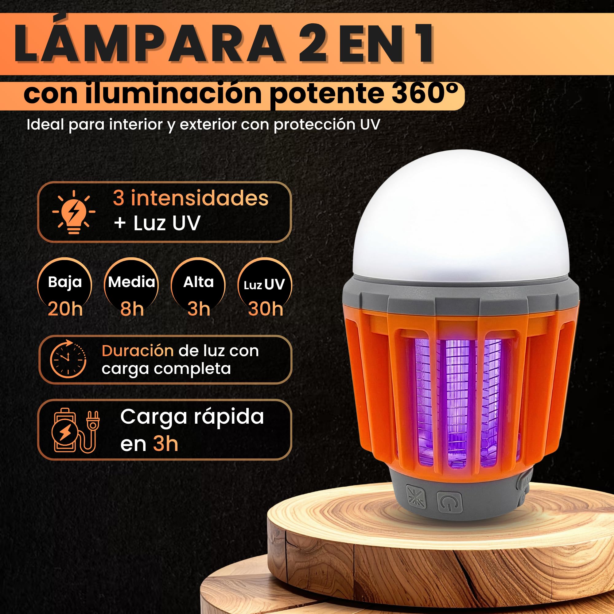 Lampara Antimosquitos Electrico De Exterior E Interior con 3 Niveles De Luz. Mata Mosquitos Electrico para Camping Recargable por USB-C. Repelente 2en1 con Luz UV 360º Y Resistente al Agua (IPX4).