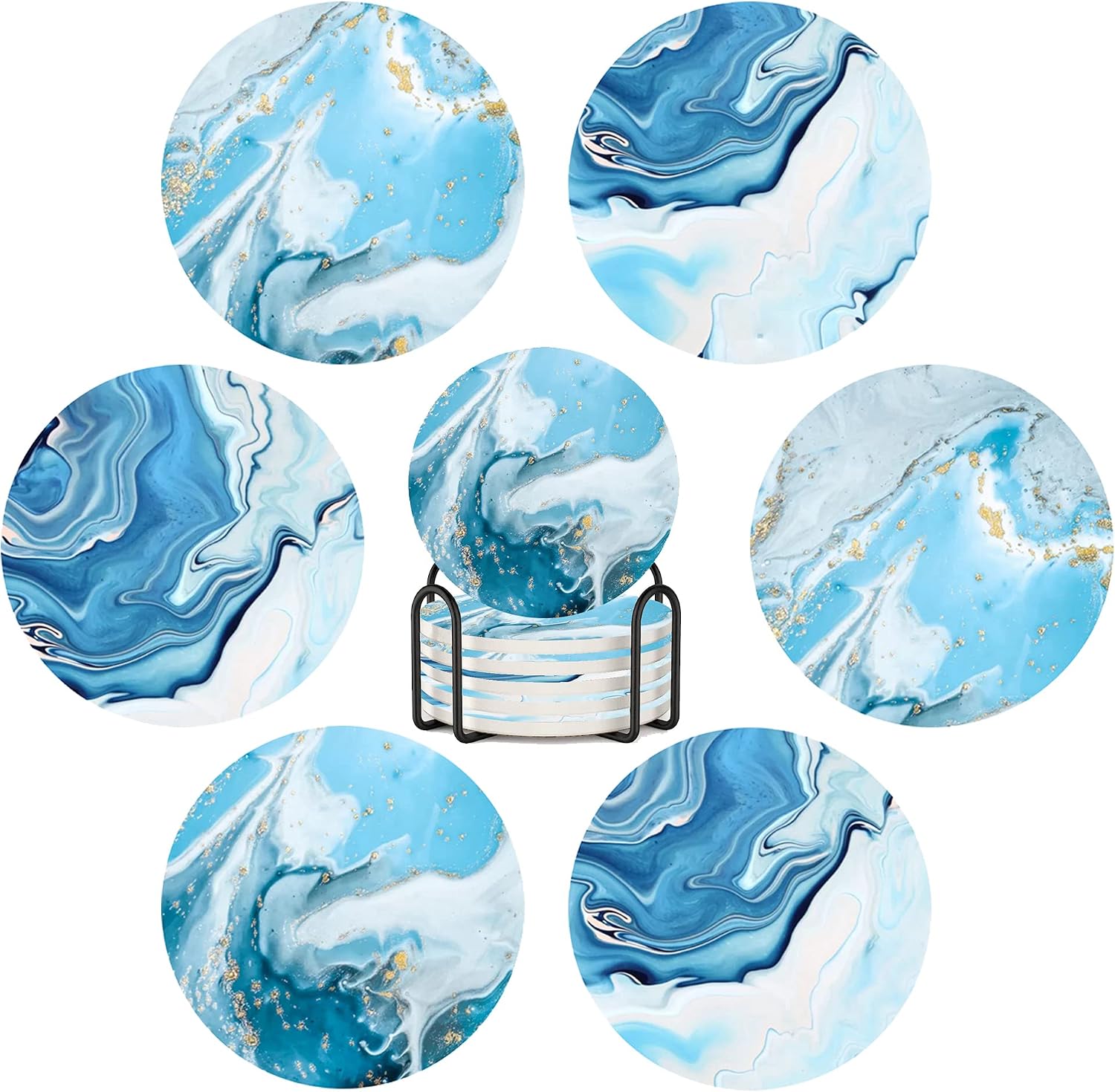 Coasters for Drinks,Ceramic Absorbent Coasters with Iron Holder and Non-Slip Cork Base,Cup Coasters for Table,4.06" Teal Ocean Thirstystone Coasters Set of 6 as Home Decor (Teal Ocean)