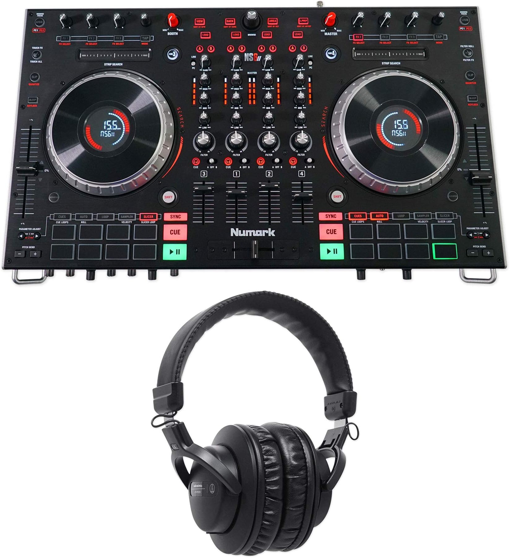 Numark NS6II 4-Ch Serato DJ Controller w/ 2" Display+Audio Technica Headphones