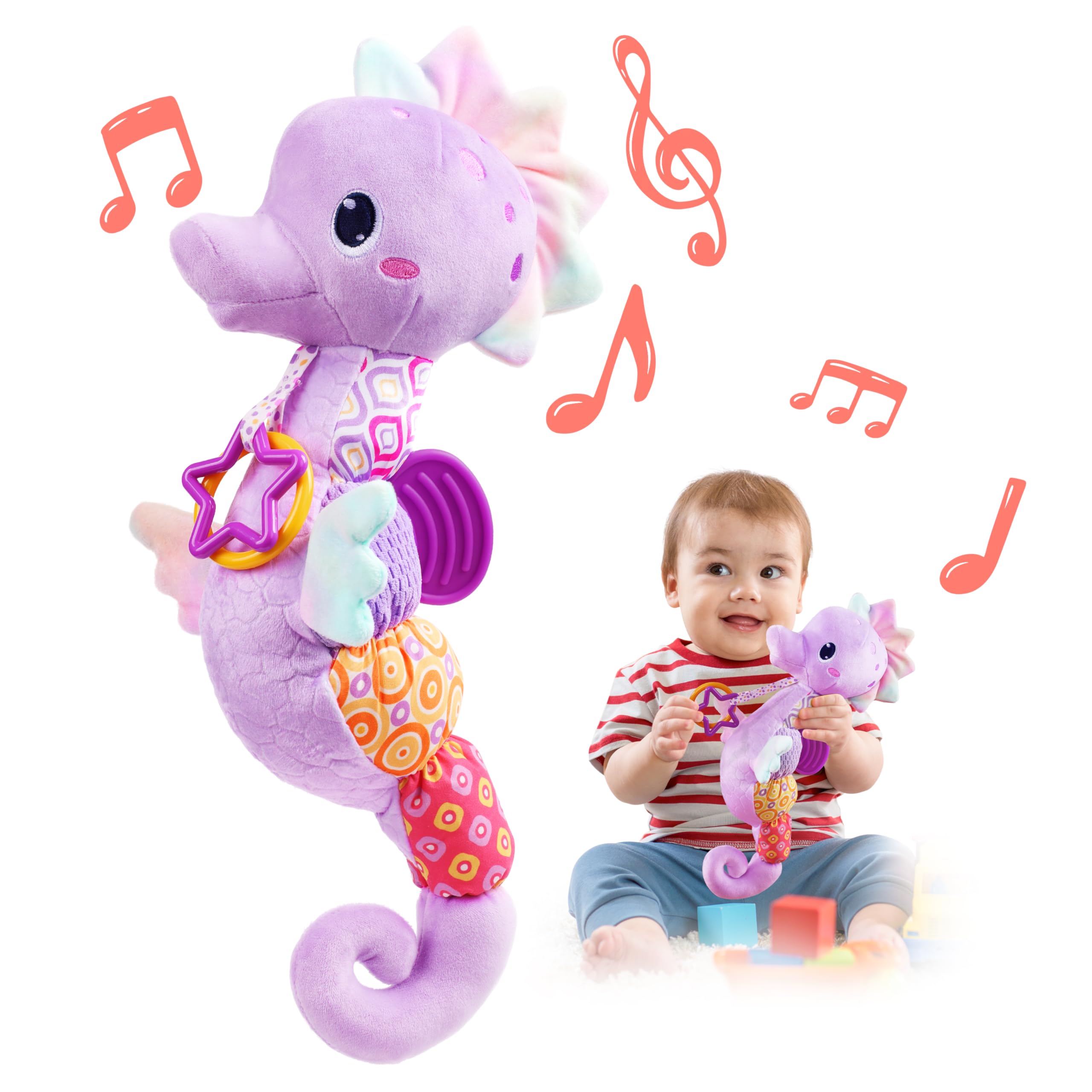 LIGHTDESIRE Baby Toys Musical Seahorse,Infant Stuffed Animals Toy with Crinkle & Rattles,Soft Sensory Toy with Textures,Newborn Toys for Baby Girls