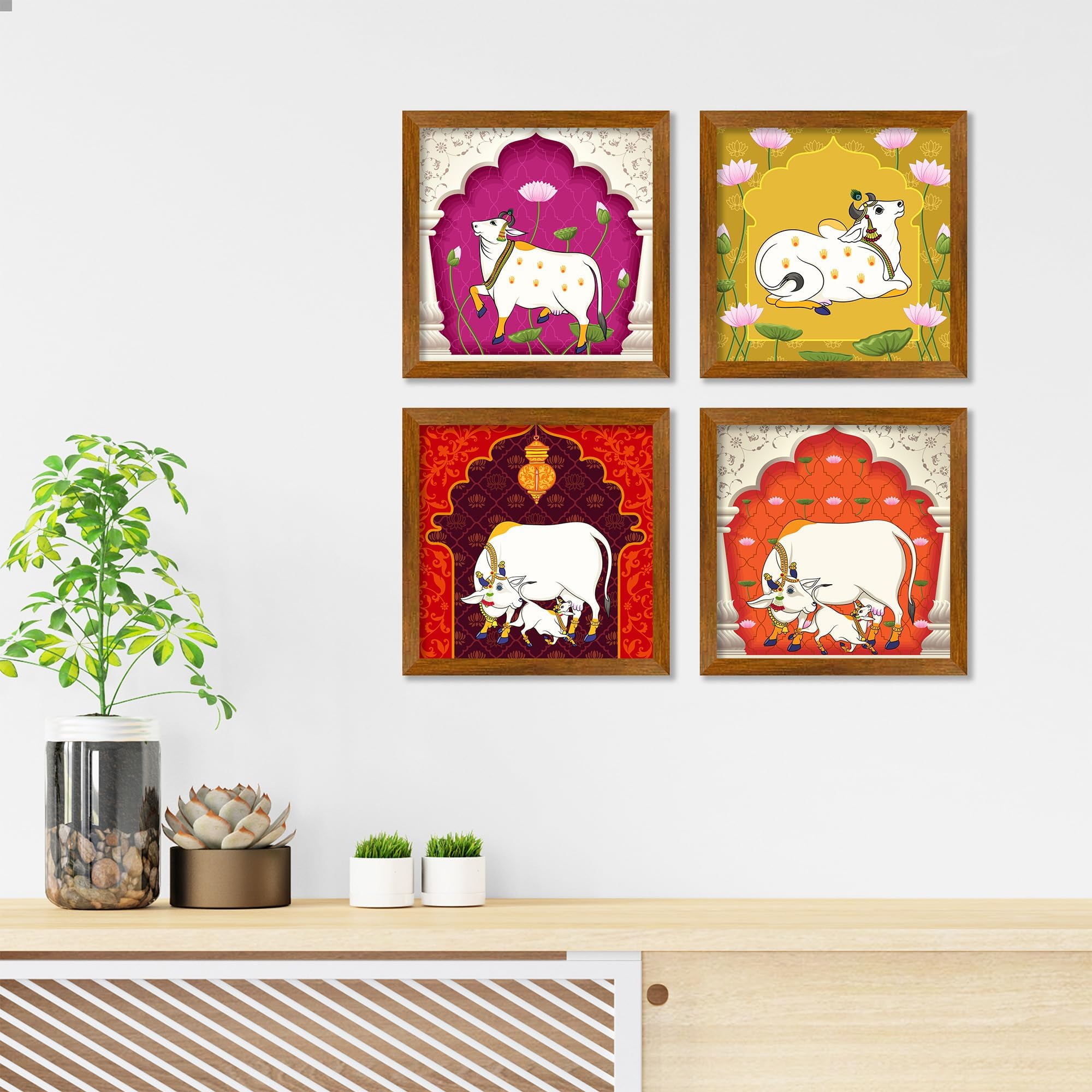 Artvibes Pichwai Cow Floral Art Wooden Wall Frames Without Glass Decorative item for Living room Bedroom Office Decor Modern Artwork Painting Wall Mount Hanging Decoration Item (PF_7301N) Set of 4