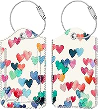 Fintie 2 Pack PU Leather Luggage Tags with Stainless Steel Wire Rope and Name Plate for Travel Bag Suitcase Heart Rain