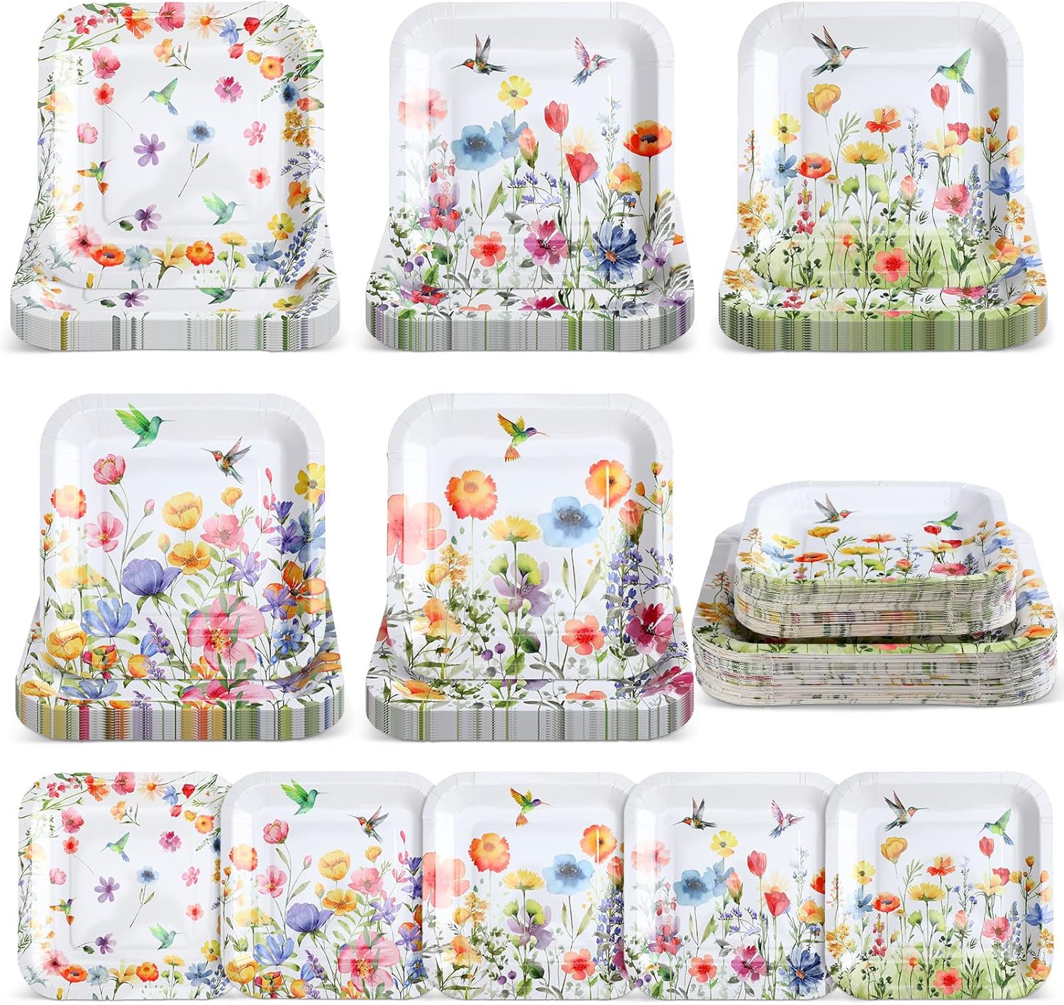 100 Pcs Wildflower Plates Party Supplies Spring Flower Paper Plates Wildflower Baby Shower Decorations 9'' and 7'' Square Dessert Disposable Tableware Set for Summer Picnic Wedding Birthday Tea Party