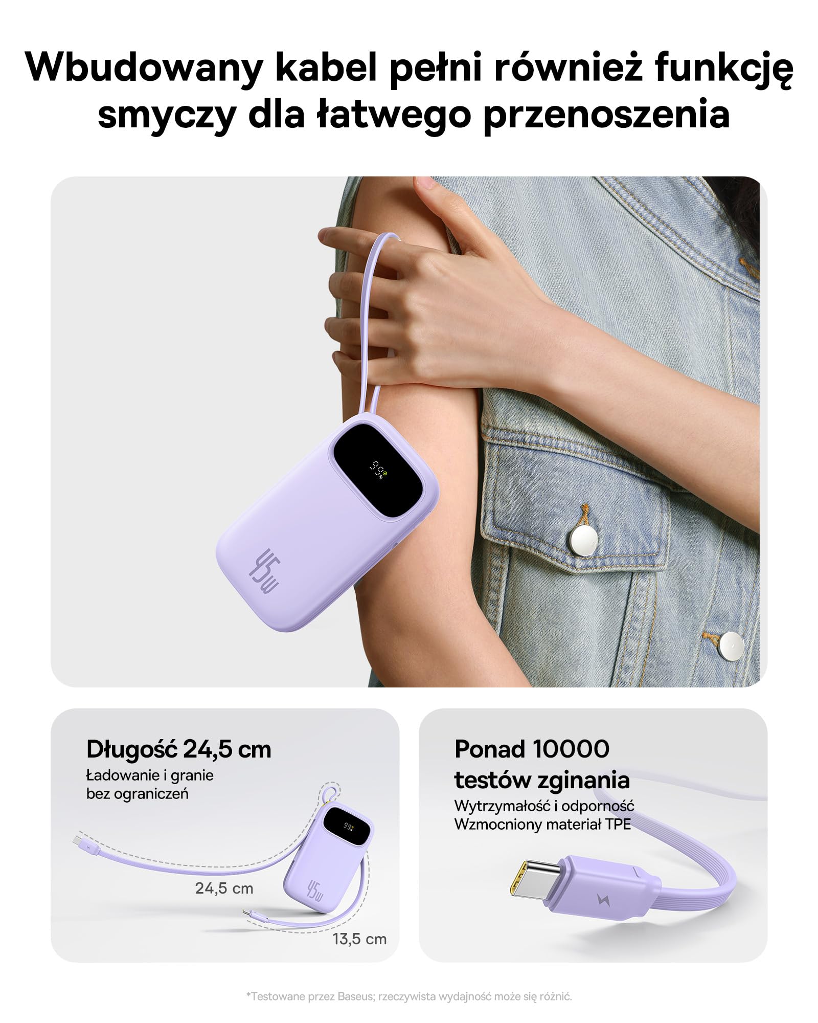 Baseus Powerbank 20 000 mAh 45 W z wbudowanym kablem USB-C, QPow3 Power Bank PD3.0 QC4.0, zewnętrzne akumulatory do telefonów komórkowych, 3 USB-C, 1 USB-A, przenośna ładowarka do iPhone 16/15/14 Pro