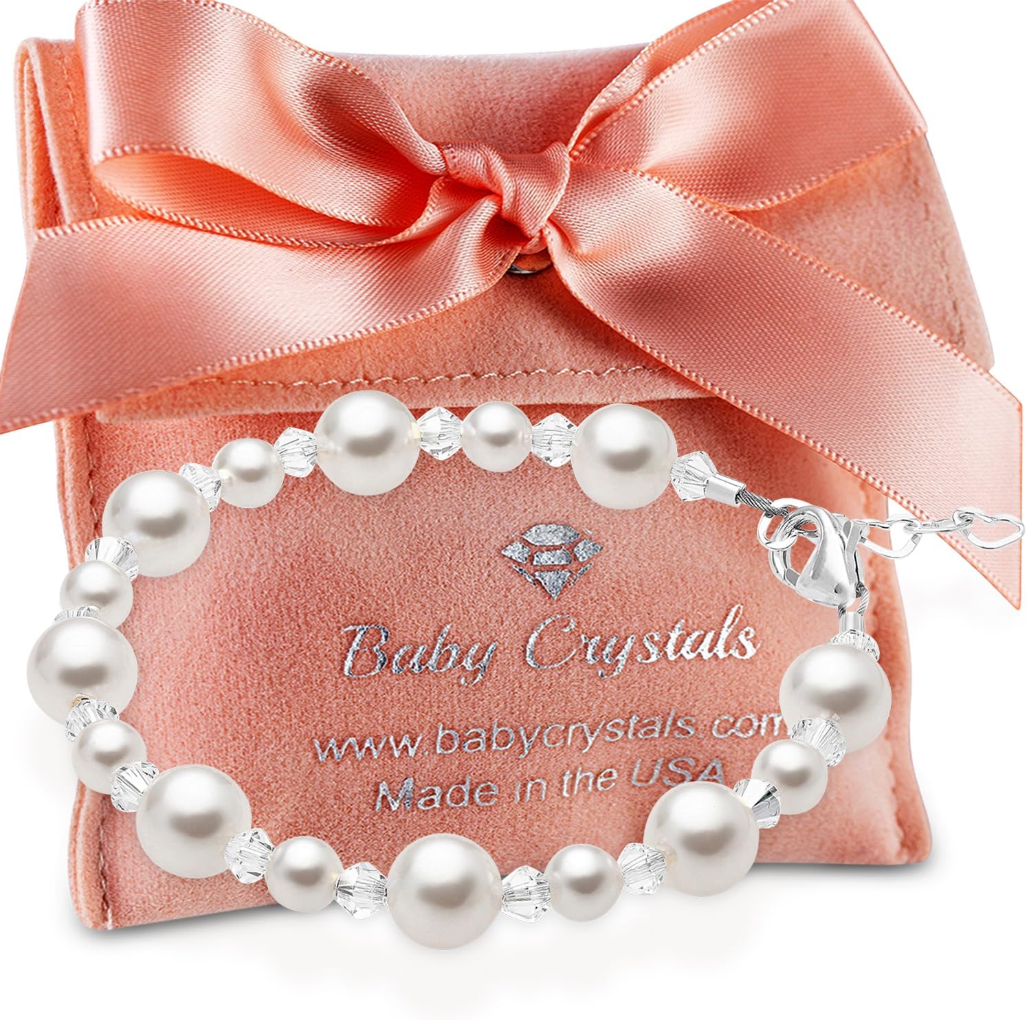 Baby Crystals Sterling Silver Bracelets for Girls with High End White European Simulated Pearls, Elegant Girls Jewelry, Pearl Bracelet for Baby Birthday Gifts Flower Girls, Baptism Keepsake