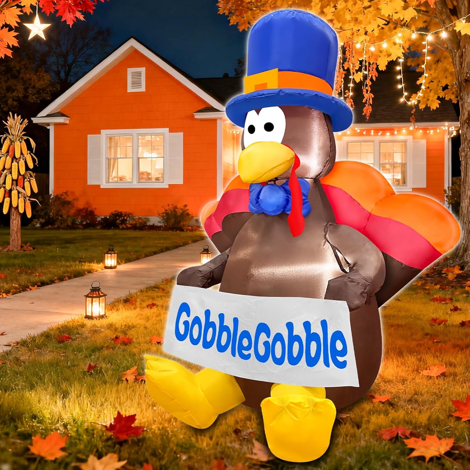 TURNMEON 4 Ft Thanksgiving Inflatables Turkey Outdoor Decorations Blow Up Turkey Holds GobbleGobble Banner Built-in LEDs Fall Thanksgiving Decorations for Home Outside Yard Lawn Garden Holiday Party