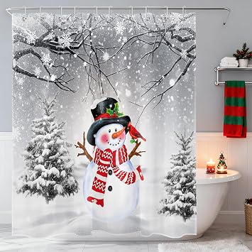 HVEST Winter Shower Curtain for Bathroom Christmas Snowman in Snowy Forest Shower Curtains, Snow Covered Pine Trees Polyester Waterproof Durable Fabric Bath Decor Accessories with Hooks,60X72 Inches