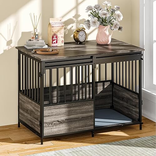 Vista 8 de Mueble grande para perros de 41 pulgadas, con divisor extraíble y puertas dobles, jaulas de madera para 2 perros, mesa de jaula para perros grandes