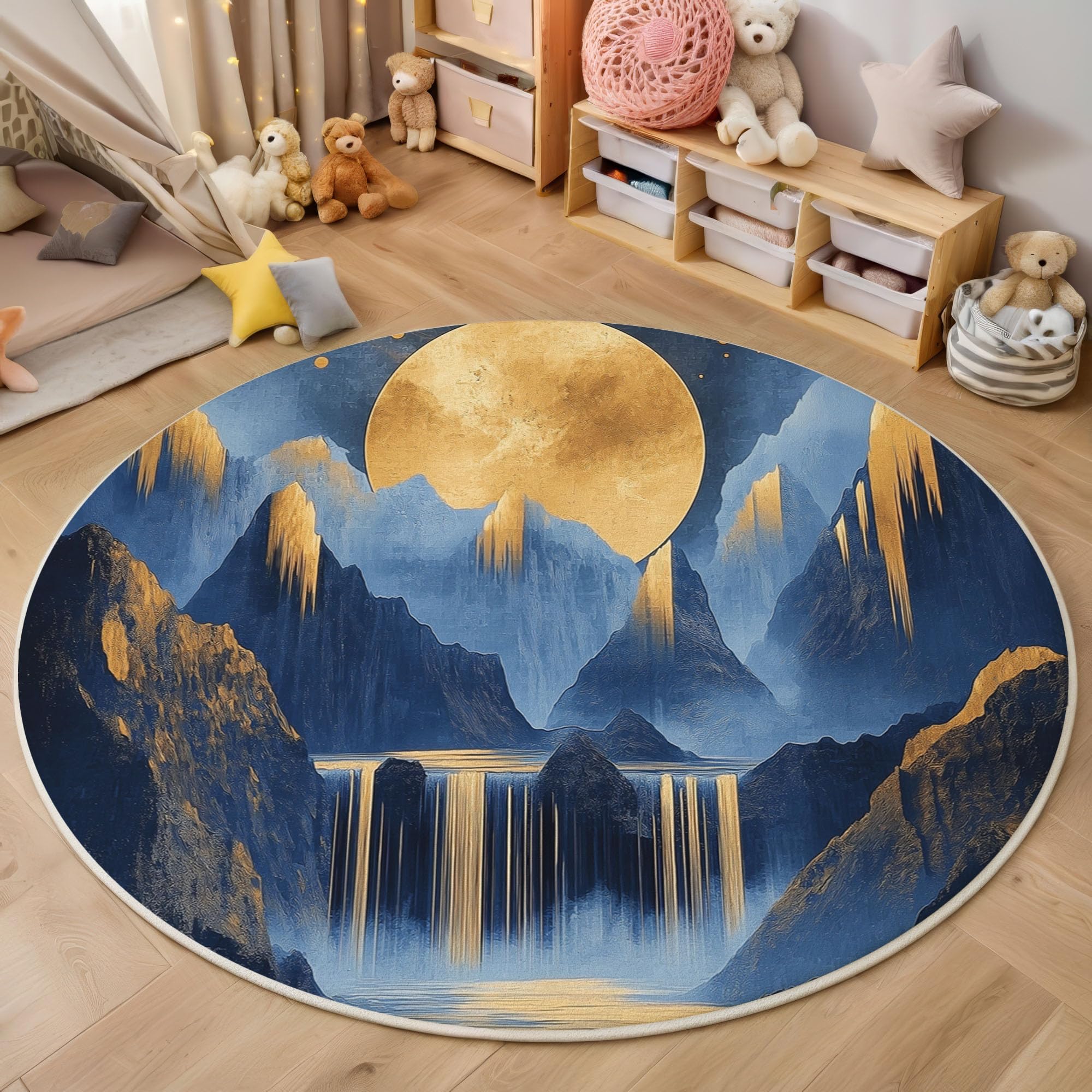 Tapis rond bleu cuisine et salle à manger, moquette lavable qui ne glisse pas 120cm