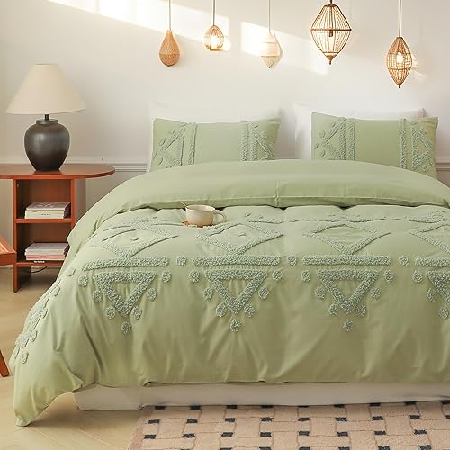 Miniatura 14 de Simple&Opulence Juego de funda de edredón 100% algodón Boho copetudo tamaño Queen, funda de edredón bordada texturizada color azul marino con 2