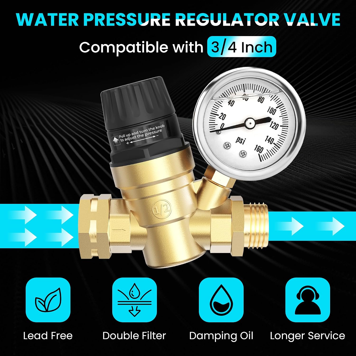 Water Pressure Regulator for RV and Garden Lead-Free Brass Adjustable Water Pressure with 0-160 PSI Silicone Oil Gauge and Screen Filter Use in Camper, Trailer, RV Plumbing System