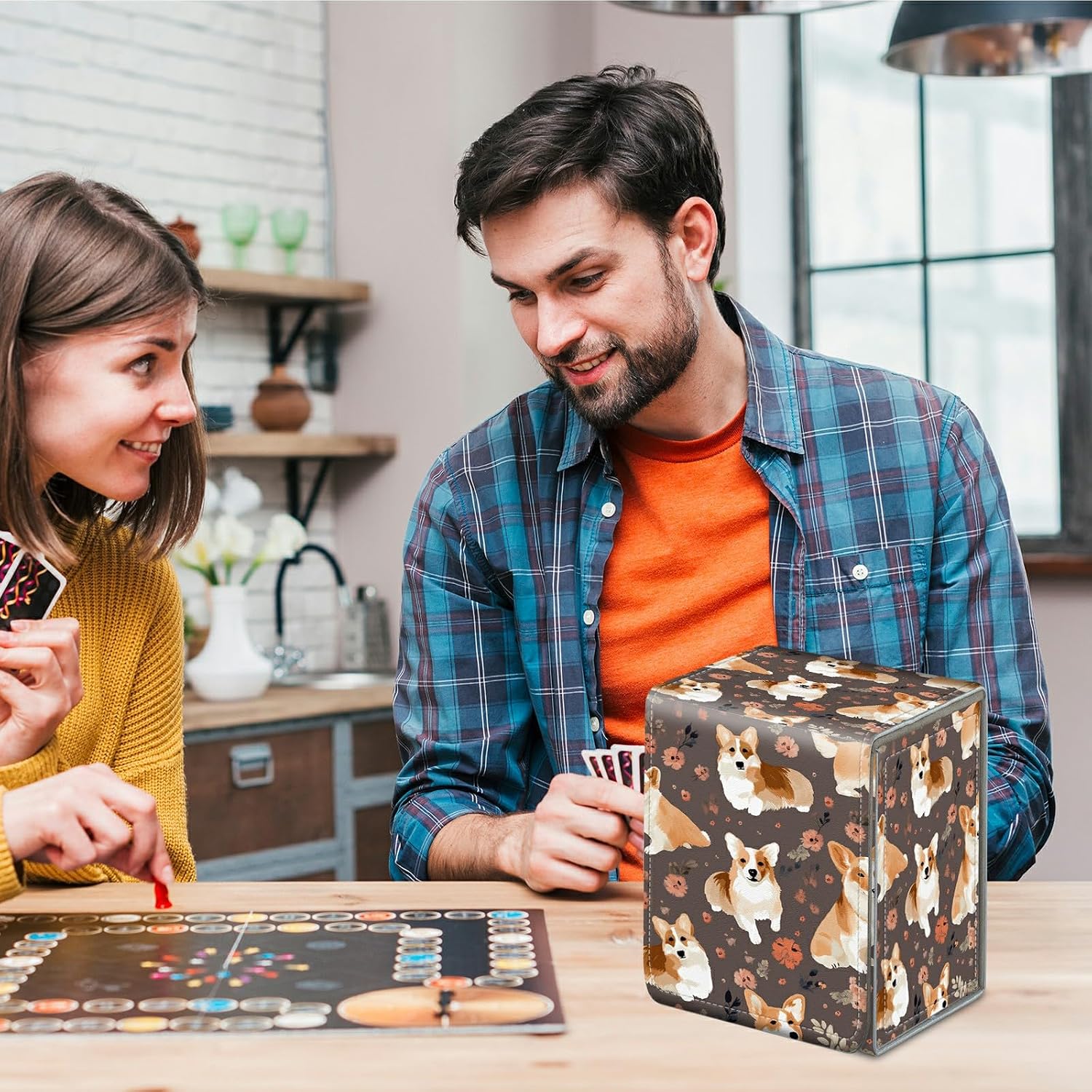 Card Deck Box for Trading Cards,MTG Commander Deck Box Fits 100+ Single Sleeved Cards,Leather Magnetic Card Storage Box for YuGiOh TCG CCG Cards,Cute Corgi
