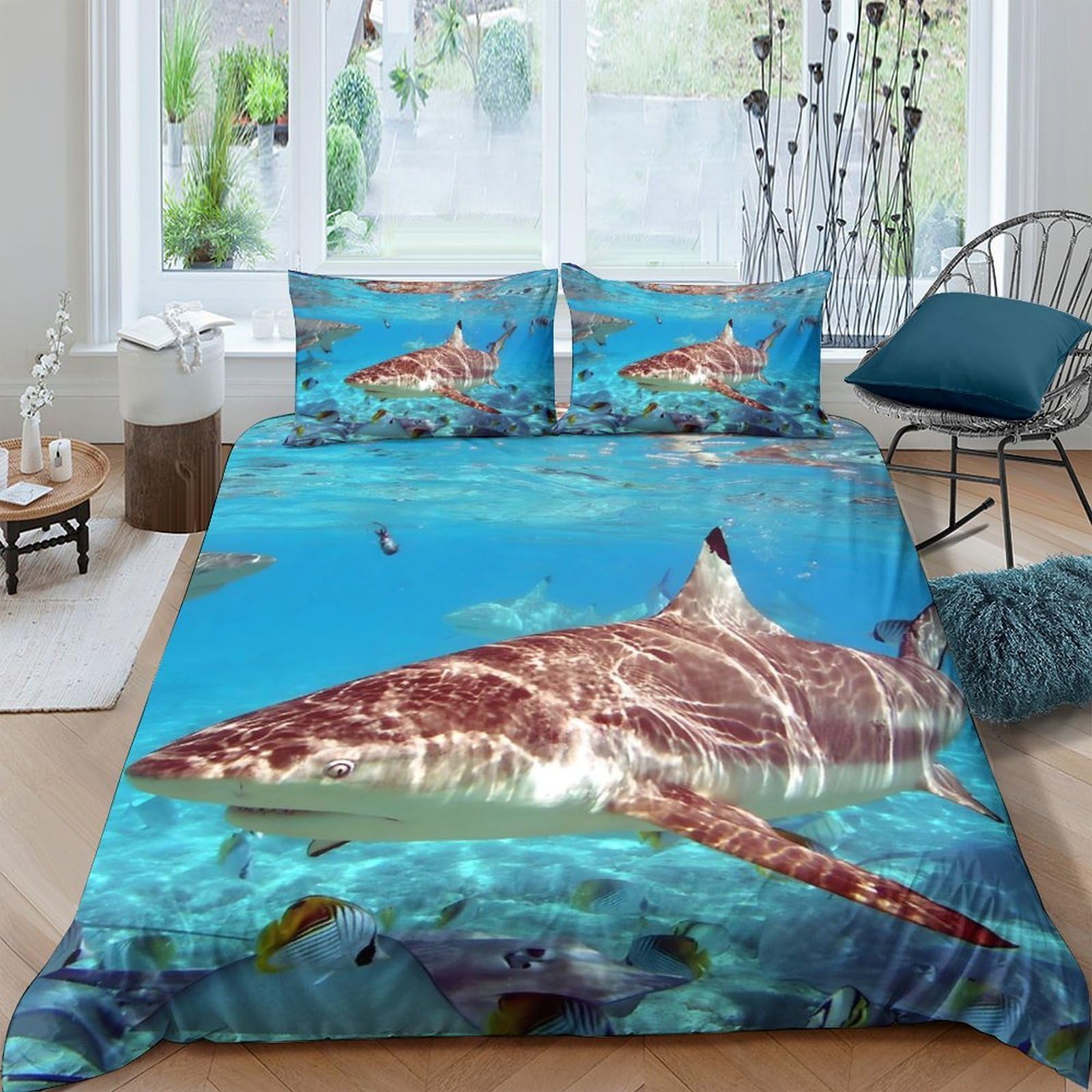 Ctjqhvkz Style-4 3D Printed Shark Ocean Fitted Sheet Microfiber Soft Blue Sea Life Mattress Cover For Bedroom Guest Room Decor Single（135X200cm）