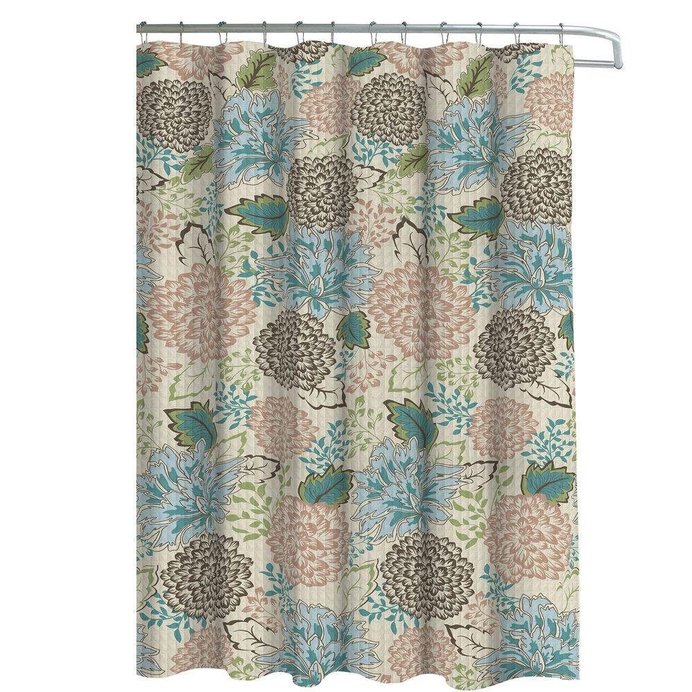 Creative Home Ideas Faux Linen 13-Piece Shower Curtain with Metal Roller Hooks, Sonrie