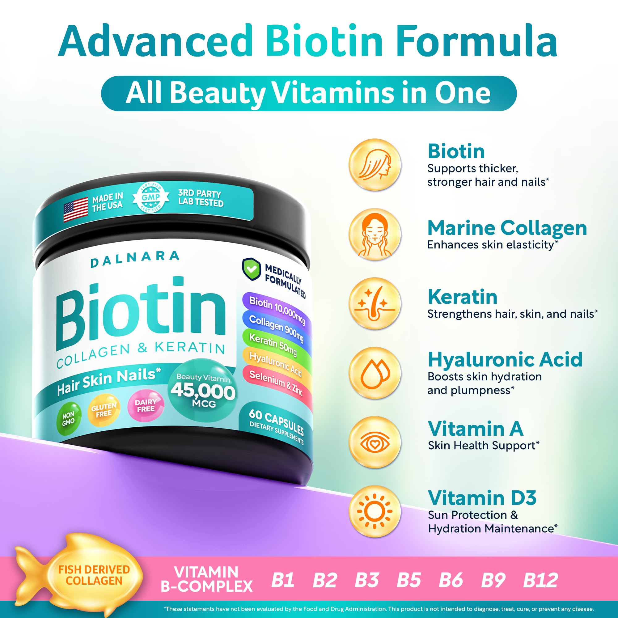 Biotin Collagen & Keratin – Hair, Skin & Nails Vitamins, 45,000 MCG Vitamin Complex (A, B1, B2, B3, B6, B7, C & E)–Biotin for Hair Growth for Women & Men, Hair Vitamins-60 Capsules–Made in USA