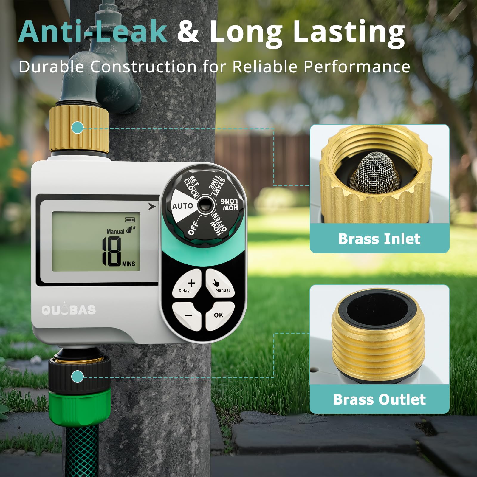 QUOBAS Irrigatore Timer per tubo da giardino, programmabile digitale in ottone con ritardo pioggia / automatico / manuale 3 modalità, piscina, prato, sistema di irrigazione a goccia, alimentato a
