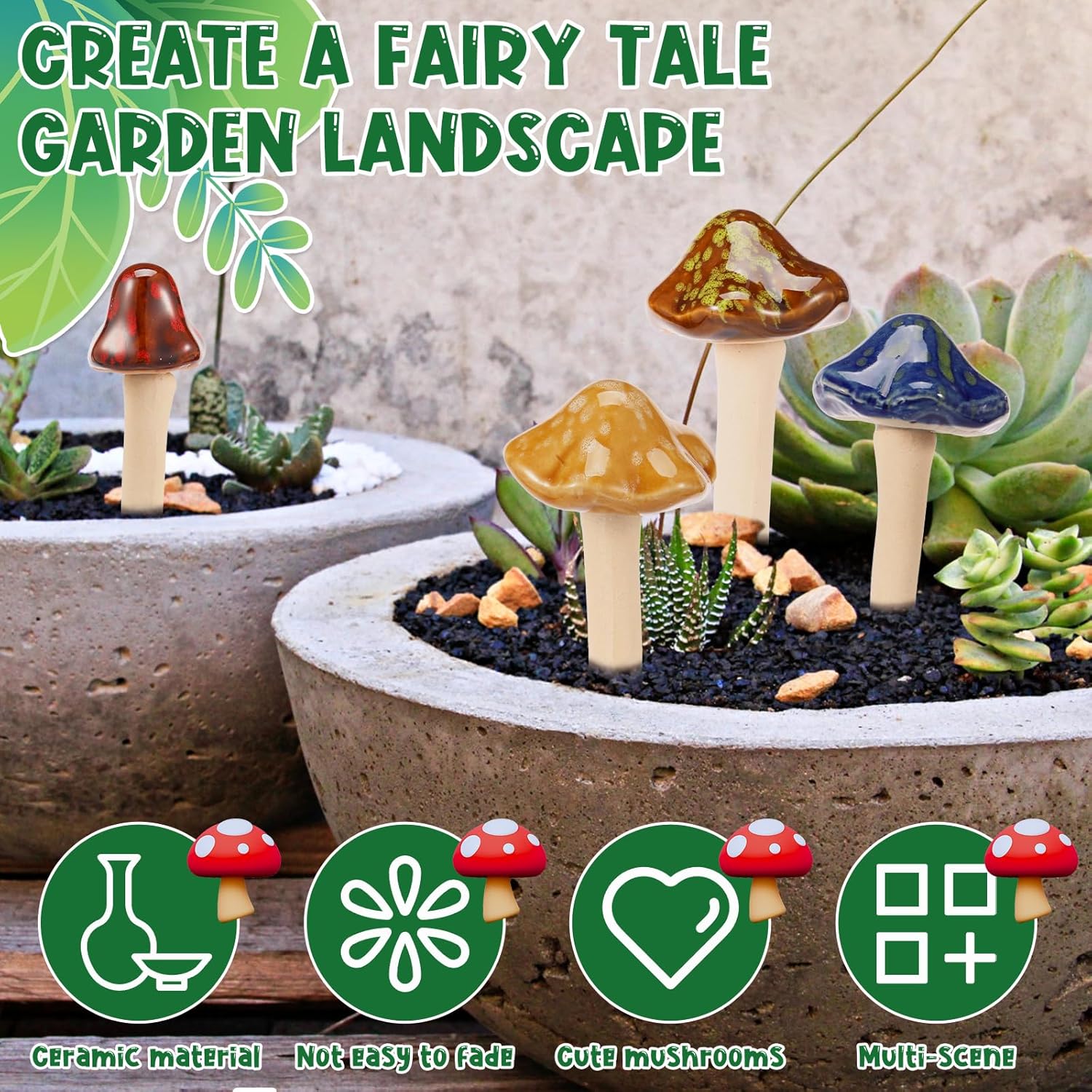 16 Pack Ceramic Garden Mushrooms, Lawn Ornament Decor 4.52" in Height Small Mushroom Garden Decor for Fairy Garden, Yard, Pottery Ornamement