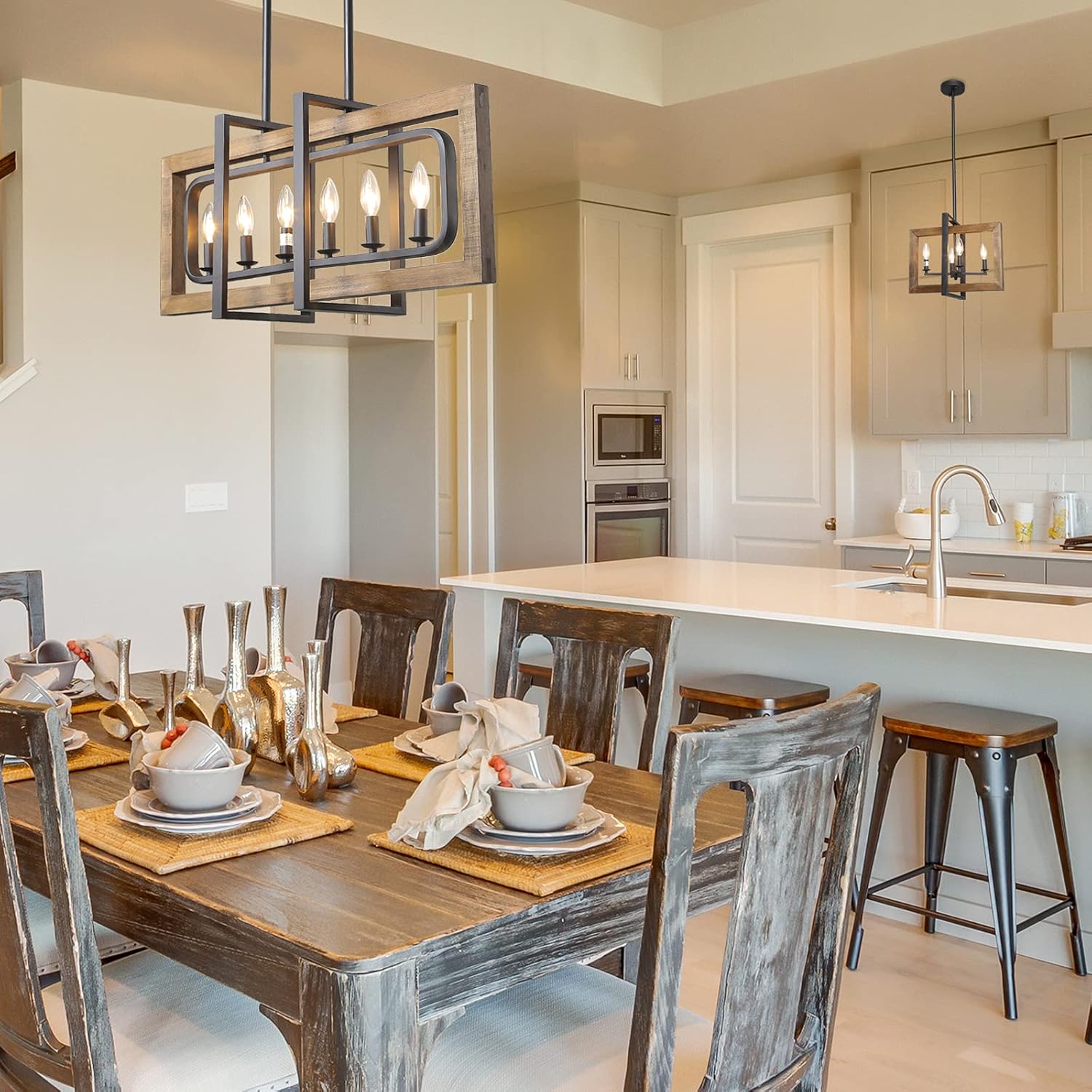 Crazy Deals Farmhouse Chandelier, Barn Light in Rustic Black Metal Finish & Rustic Wood Kitchen Island Lighting, 31.5 x 14 x 8.5 Island Lights for Kitchen
