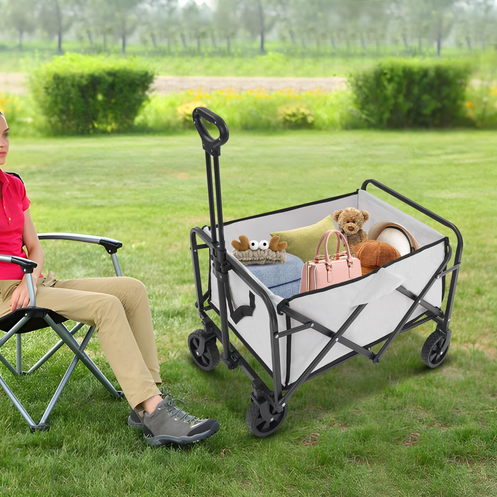 Składany wózek transportowy 90 kg, wózek transportowy na wszystkie tereny, wózek z kółkami, regulowana wysokość uchwytu, do aktywności na świeżym powietrzu, na plażę, do ogrodu, parku (khaki)