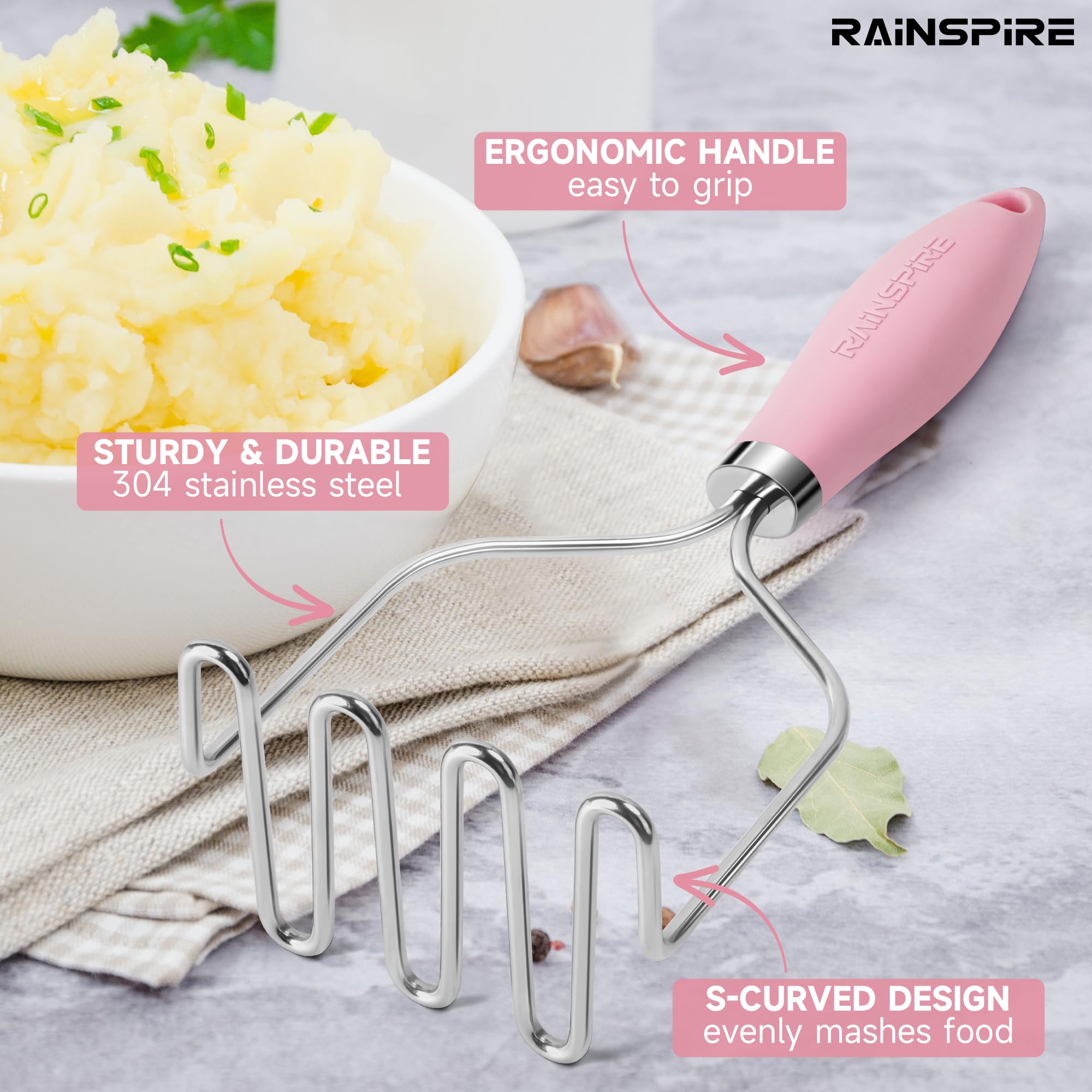 Rainspire Potato Masher - Pink Stainless Steel -5