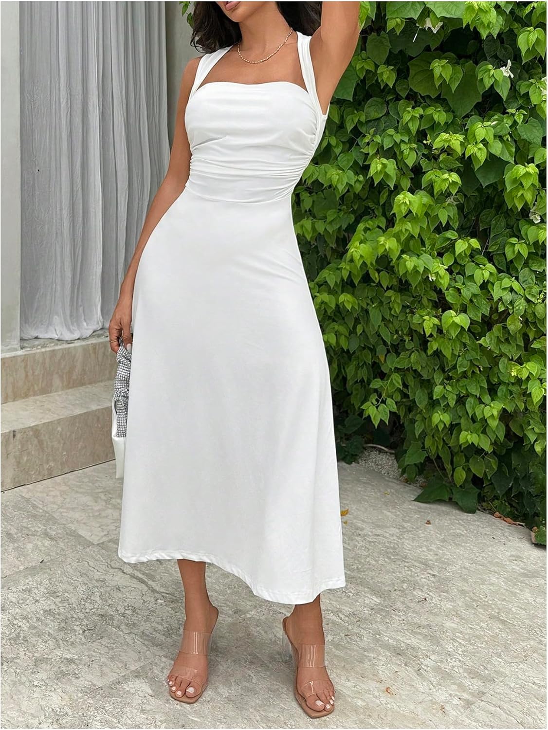 SOLY HUX Women's Square Neck Formal Dress Sleeveless Flowy A Line Ruched Waist Elegant Long Dresses - Image 4