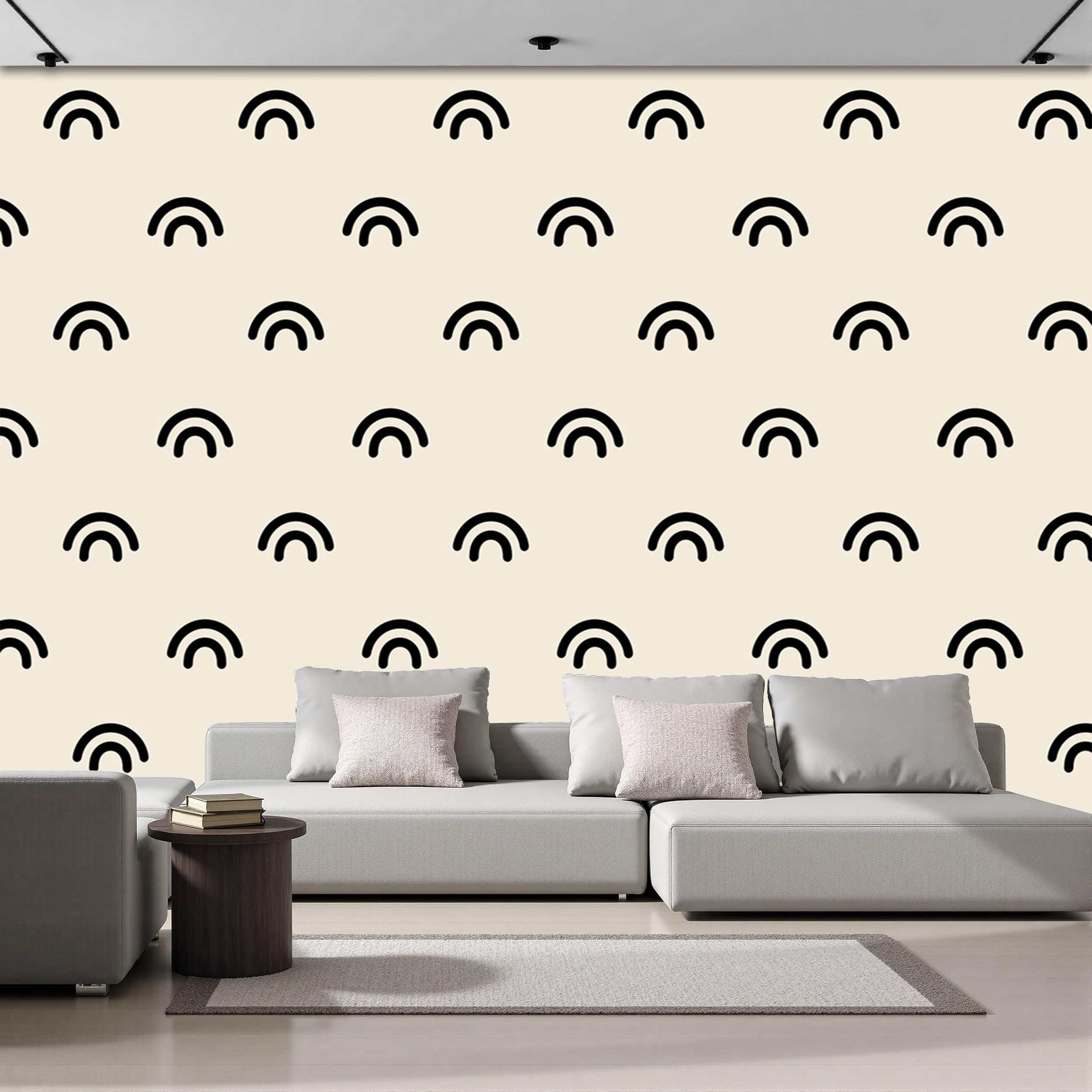 Papier peint panoramique intissé lignes courbes graphiques 250x175cm beige pour salon