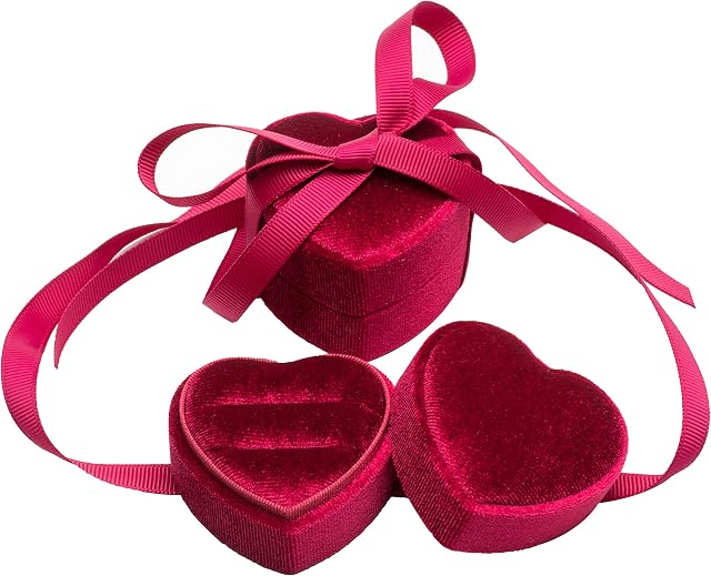 POKOFO Velvet Double Premium Heart Shape Ring Bearer Box Elegant Silk Bow Jewelry Storage Organizer Gift (Red)